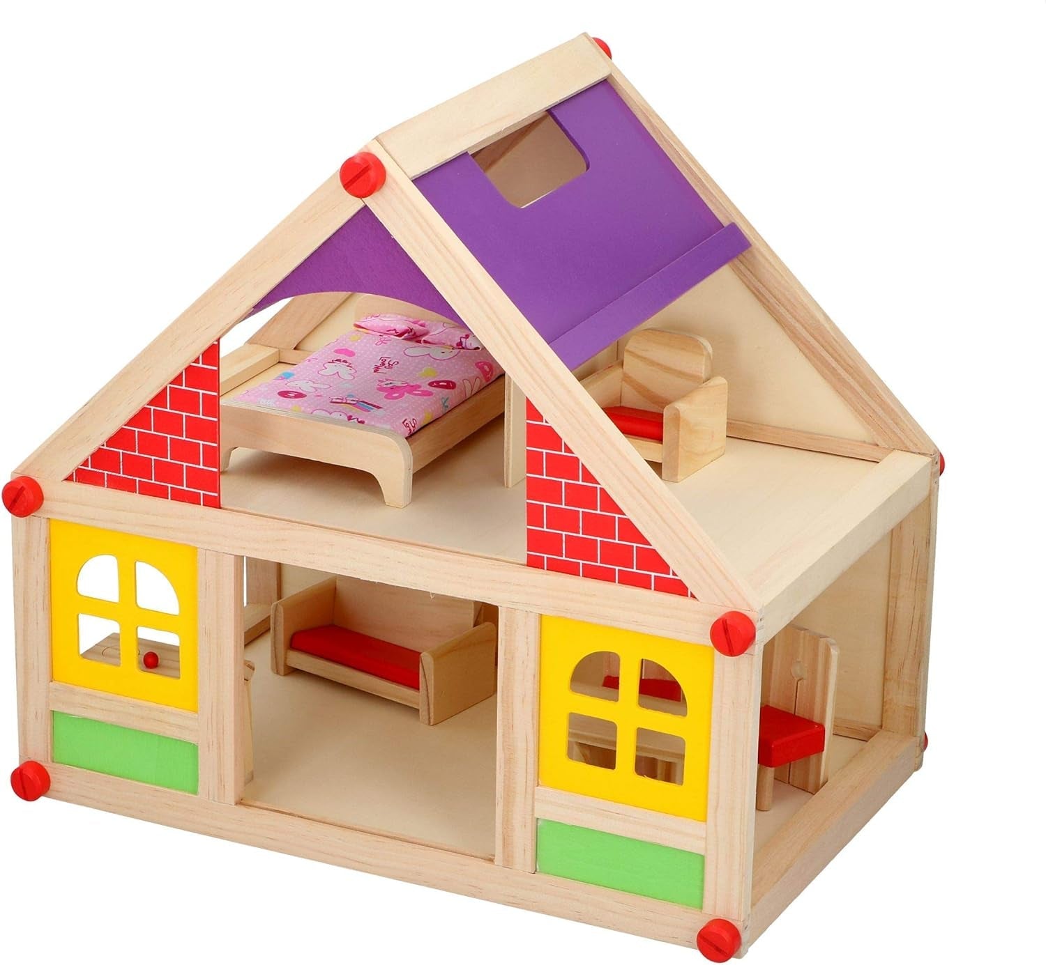 Marionette Houten Speelgoed - Houten poppenhuis met meubeltjes en poppen - 11 stuks Poppenhuizen Naty Shop