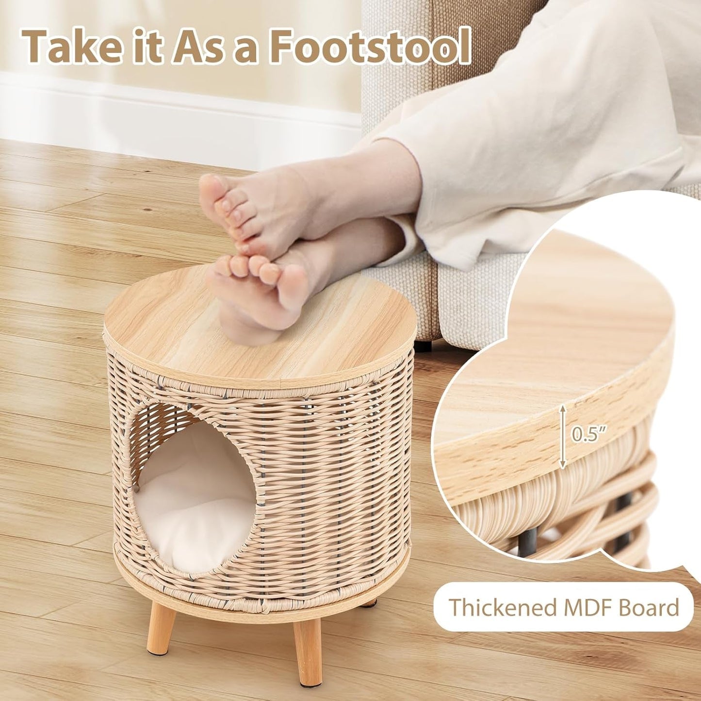 Katzenhaus Rattan, Katzenmöbel mit Holzbeinen & soft Kissen, 3 in 1 Katzenhöhle Fußhocker Nachttisch, Katzenbett stabil bis 30 kg voor Wohnzimmer Schlafzimmer