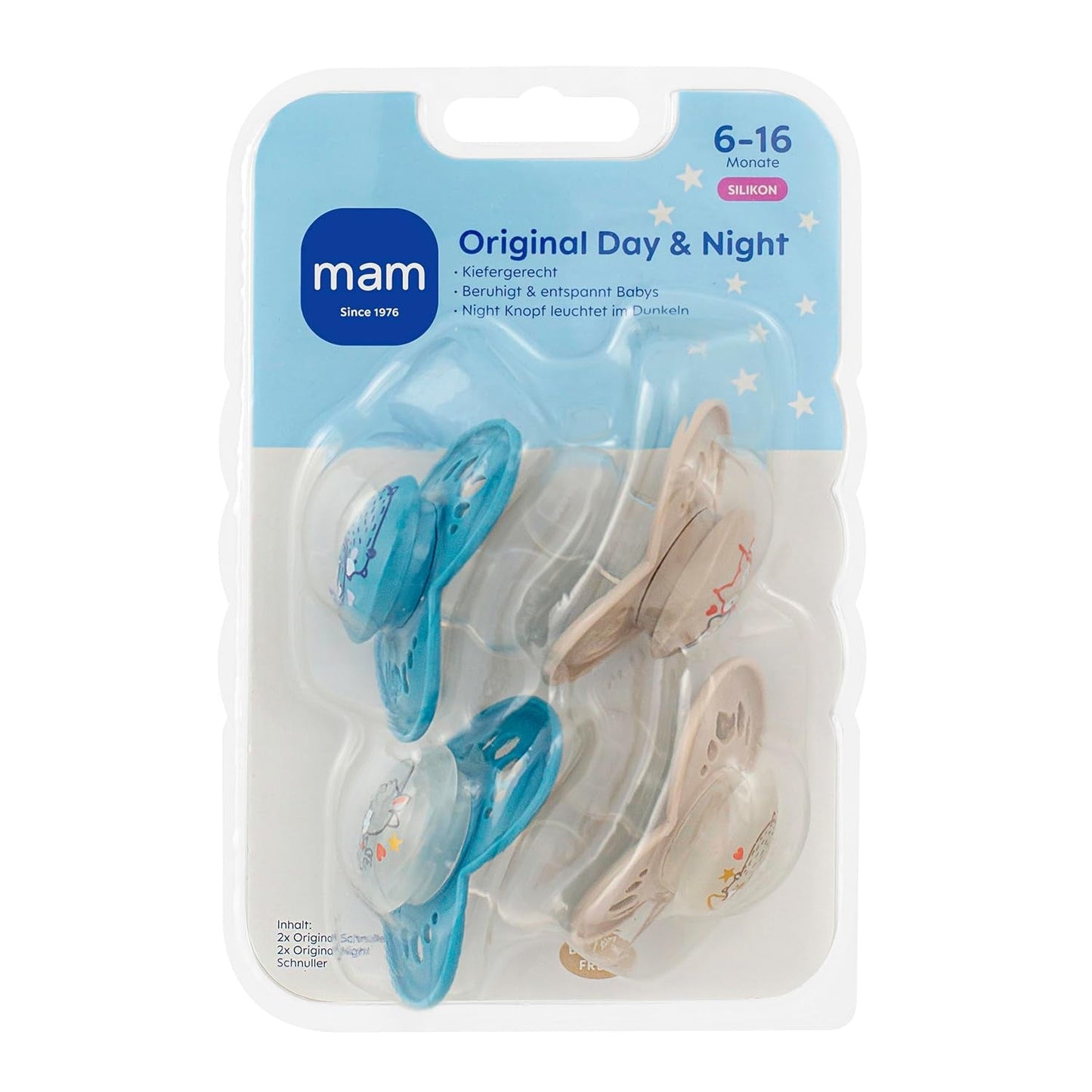 MAM Original Day & Night Matt Fopspenen | 6-16 maanden | Fopspeenset | Acceptatie 94% | Helpt ongewenste uitlijning van de tanden te voorkomen | Ontwikkeld samen met tandartsen | Siliconen SkinSoft | Beer/Vos | Pakket van 4
