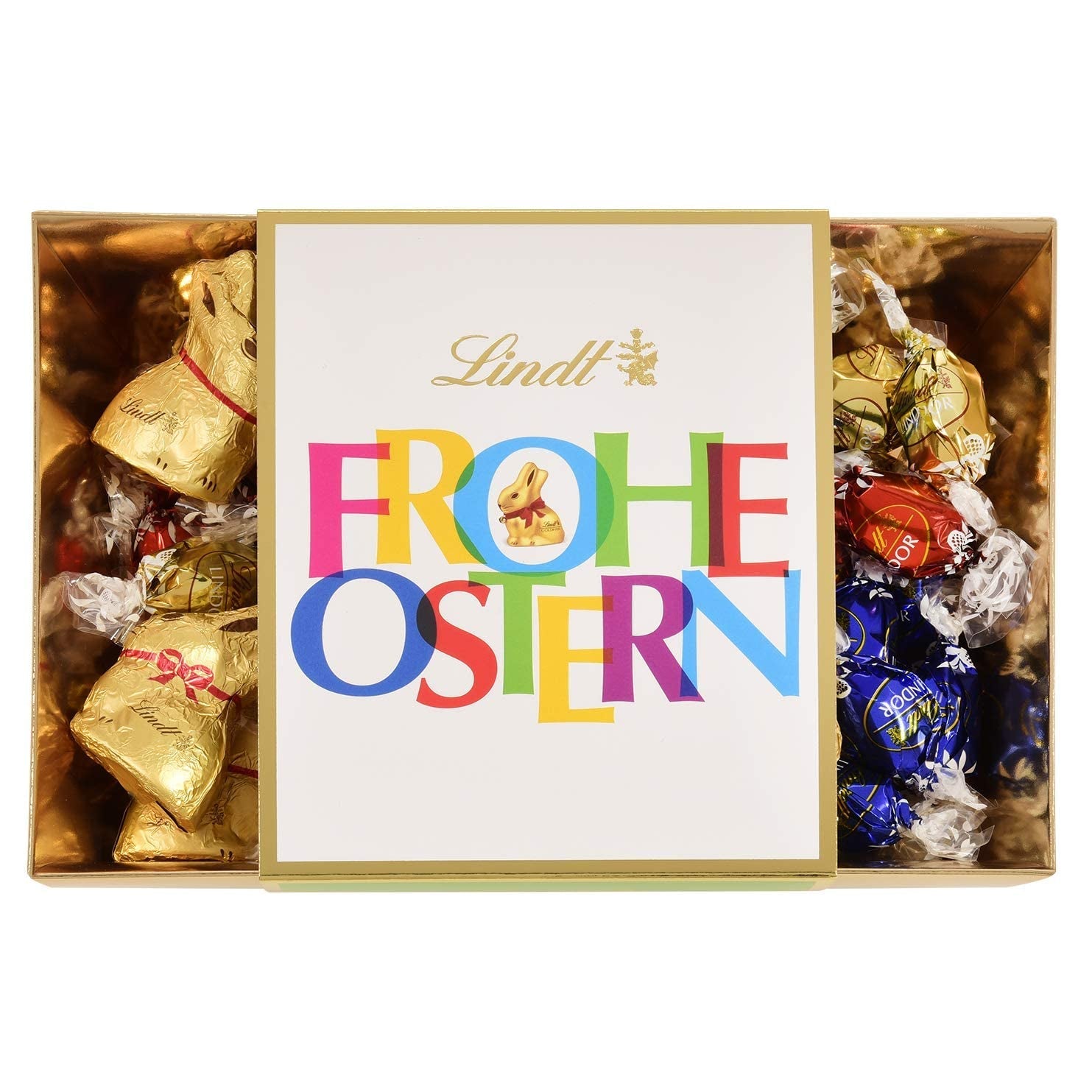 Kleurrijk Lindt Chocolade Paasnest | 310 gram | 8 x mini gouden konijntjes, 26 x Lindor eieren van melkchocolade, 15 x Lindor eieren van witte chocolade, 10 x Lindor eieren van pure chocolade | Paaschocolade | Geschenk van chocolade