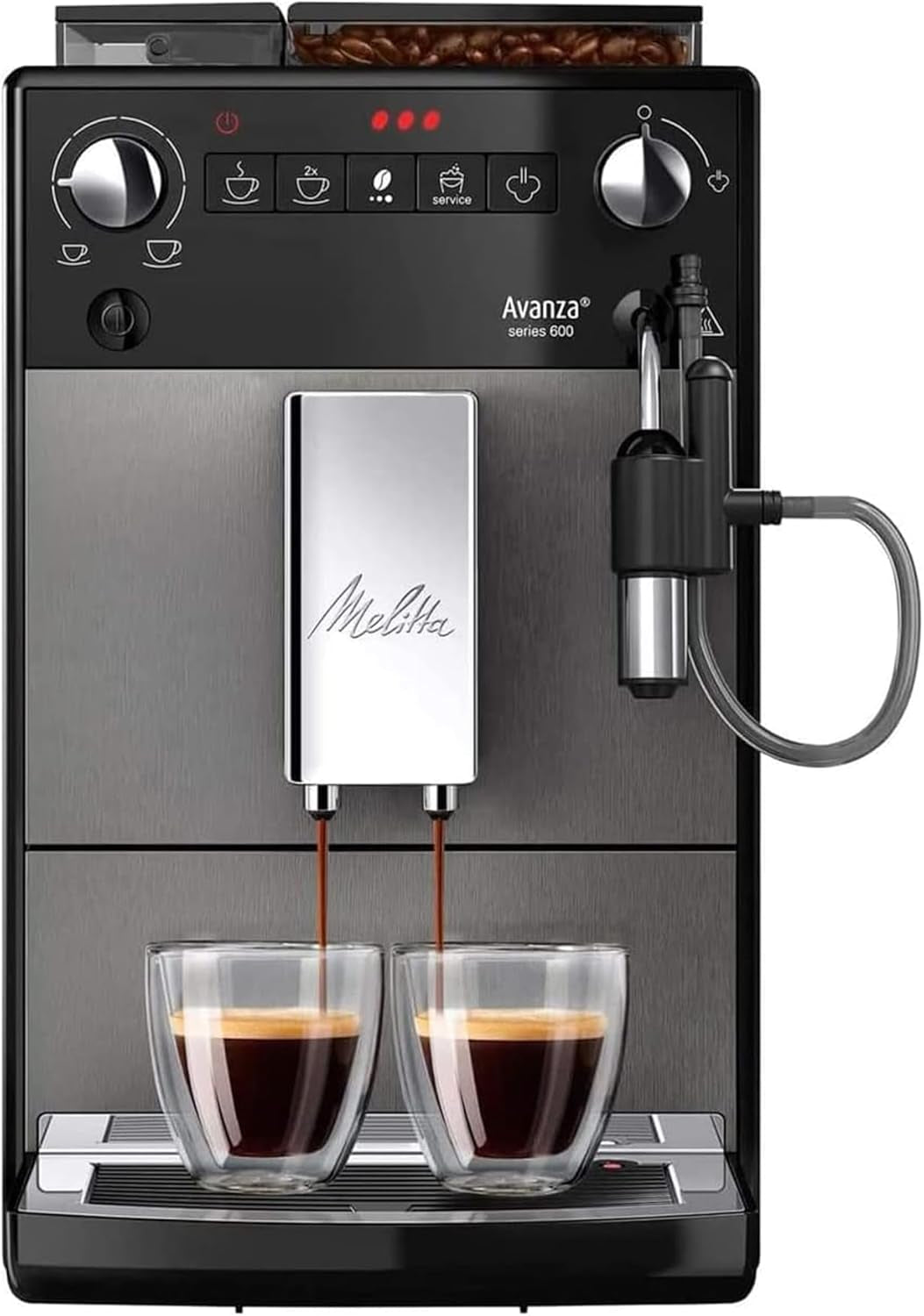 Melitta Avanza - Volautomatische espressomachine met melksysteem, espressomachine met molen en extra groot waterreservoir (1,5 l) voor b.v. cappuccino of espresso, mystieke titan