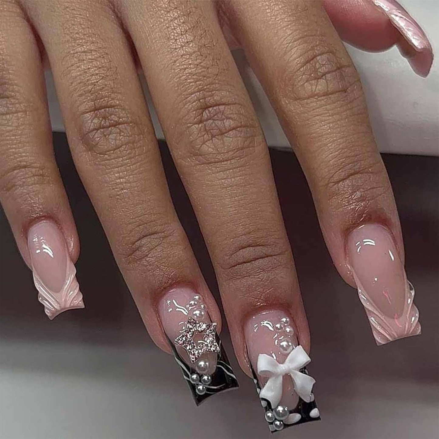24 stuks middellange strass roze vierkante parel glitter 3D kunstnagels voor dames meisjes