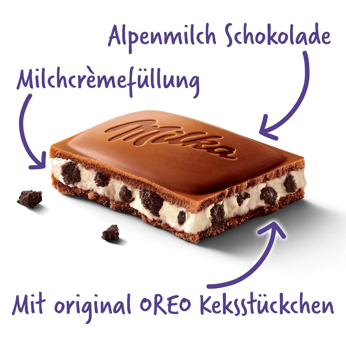 Milka Oreo – Alpenmelkchocolade gevuld met knapperige stukjes Oreo-koekjes en zachte vanillecrème – 100g