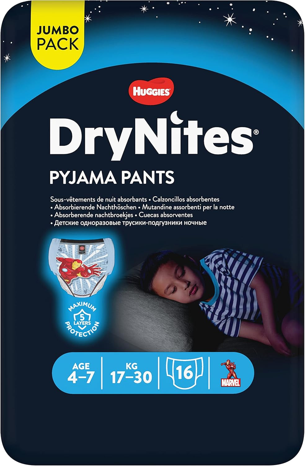 DryNites absorberende nachtelijke bedplassenluiers voor jongens 4-7 jaar (17-30 kg), jumbo maandpakket, 64 stuks