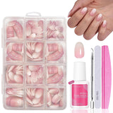 Kunstnagels set - 240 stuks Franse nepnagels lijm op - roze wit gradiënt ontwerp kunstnagels volledige dekking zachte gel natuurlijk en comfortabel om te dragen (roze amandel)