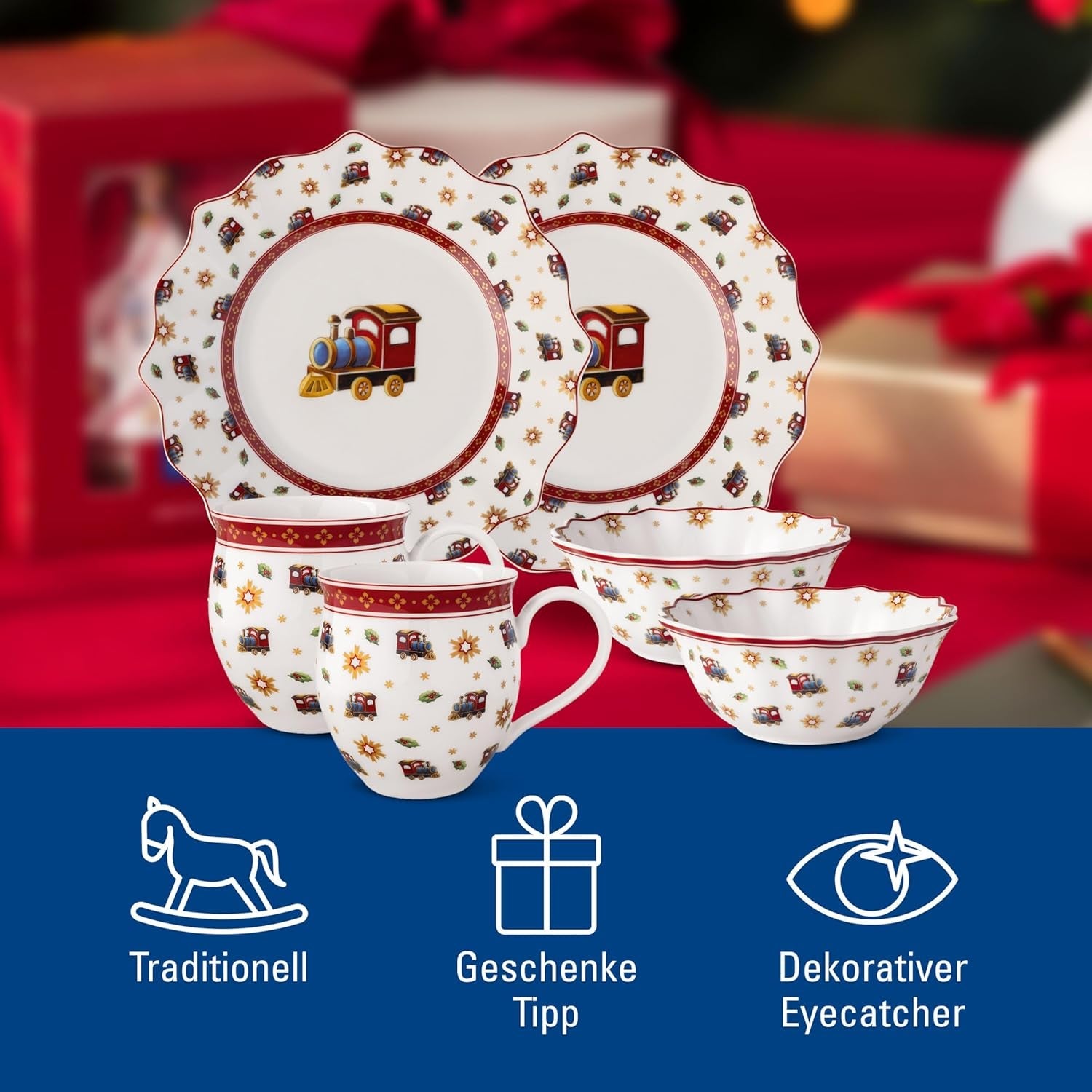 Villeroy & Boch - Toy's Delight ontbijtset voor 2 personen, locomotiefontwerp, 6-delig, kleurrijk, Kerstmis, serviesset met borden, kopjes en schalen voor ontbijt, kerstservies, premium porselein