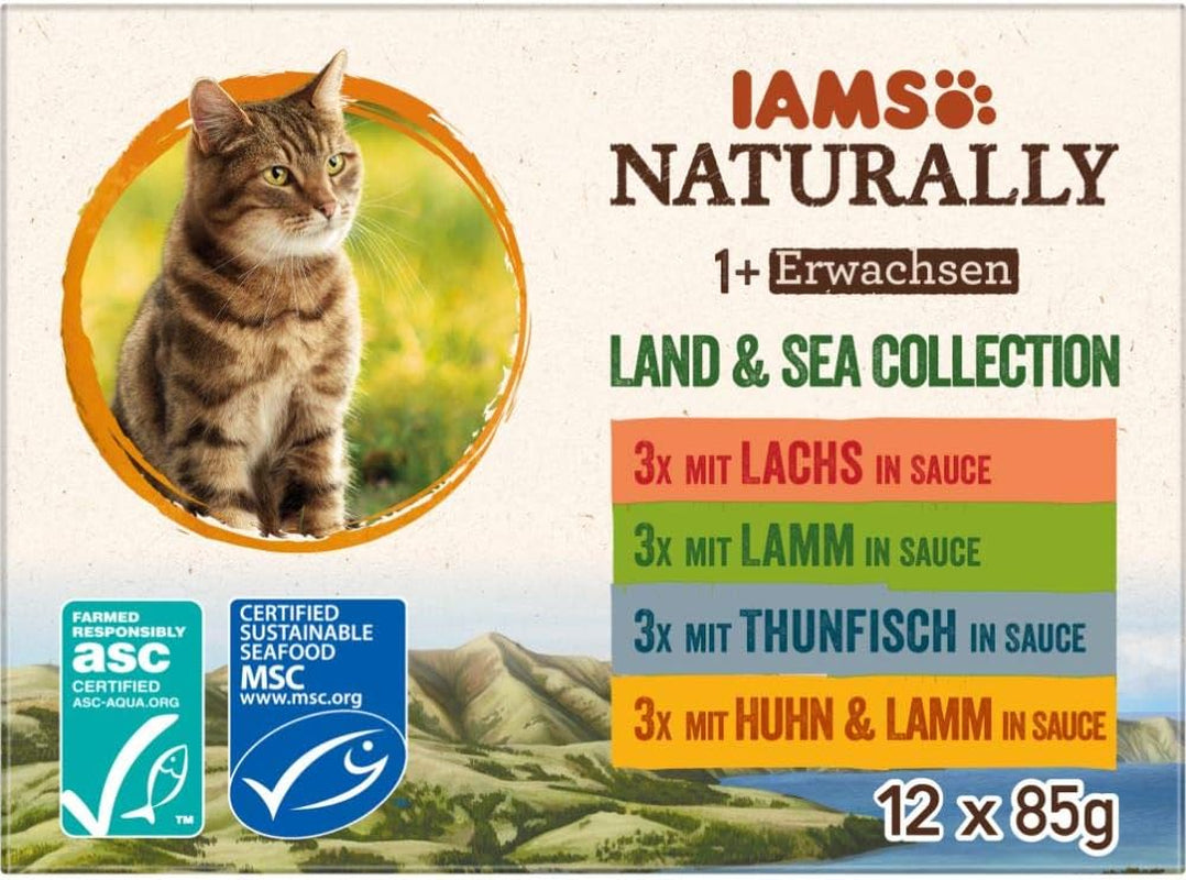 IAMS Natuurlijk nat kattenvoer in saus - Hoogwaardig vlees- en visnatvoer voor volwassen katten, Land & Sea Collection, 12 x 85 g