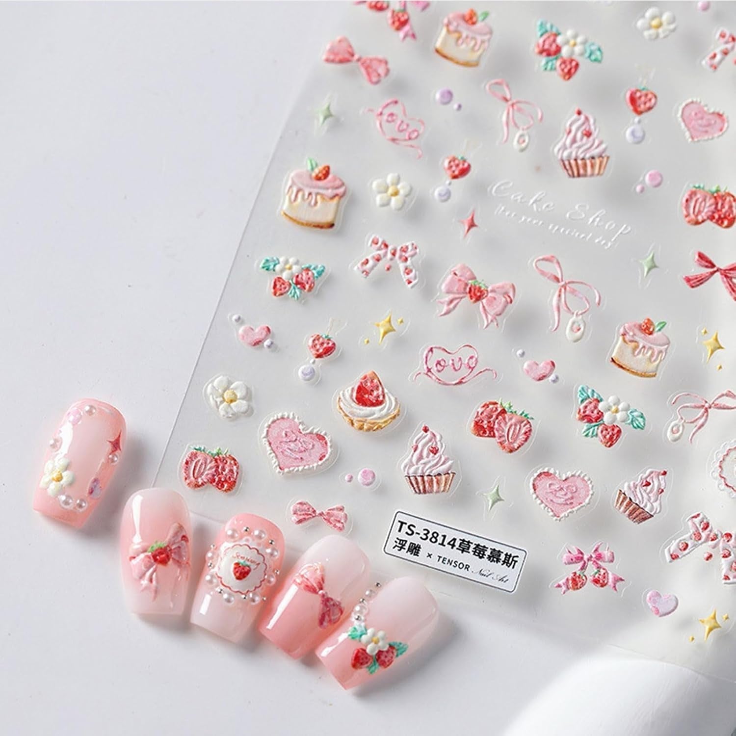 JMEOWIO 3D Nagelsticker Rosa Nail Art Sticker Selbstklebend Nagelaufkleber 5D Stereoskopisch Kuchen Erdbeerschleife Decoratie Nageldesign Zubehör 1 Blatt