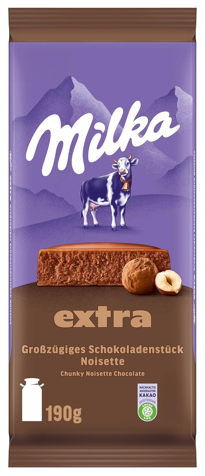 Milka Extra Noisette – Alpenmelkchocolade met delicate en romige hazelnootvulling – 15 x 190 g