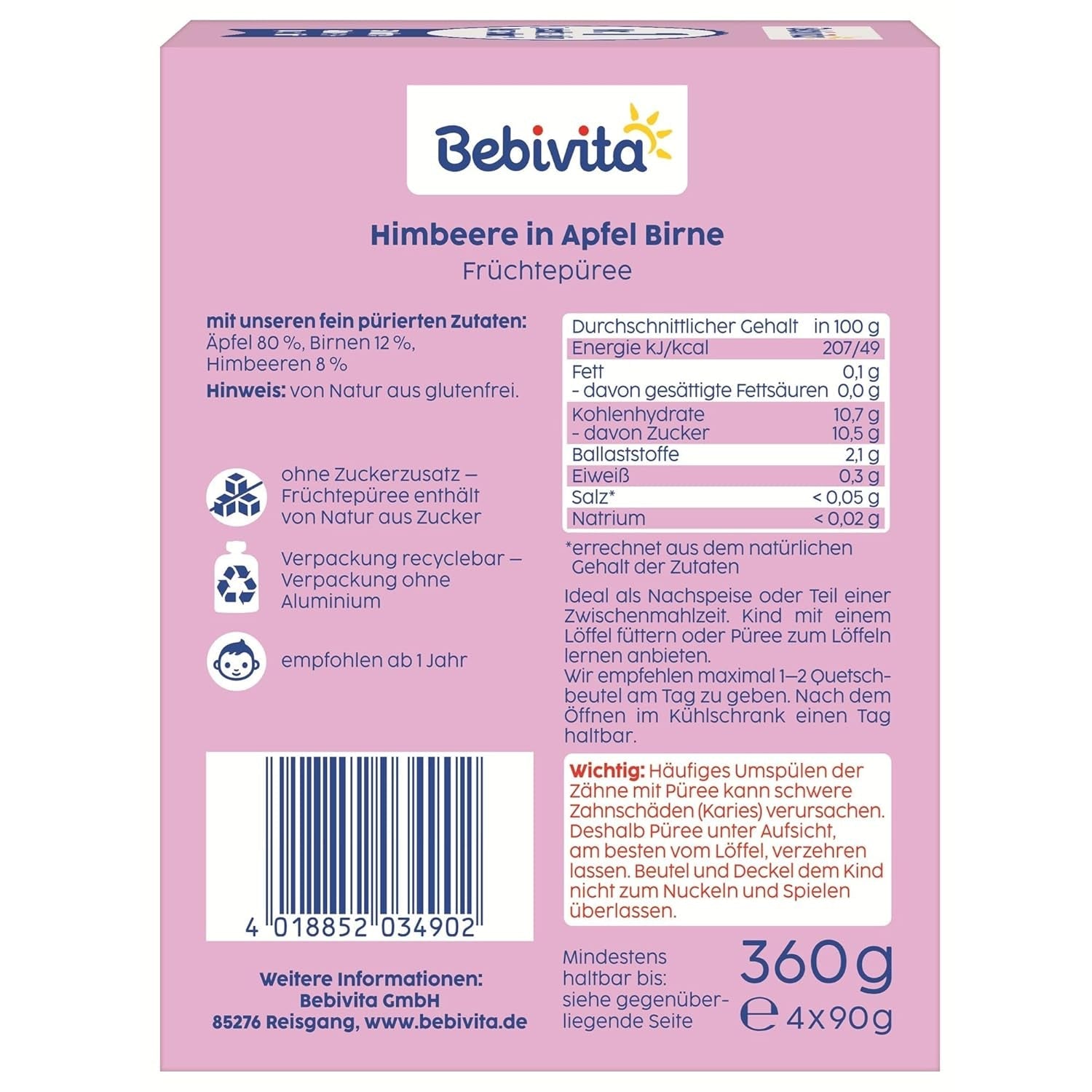 Himbeere in Apfel Birne Quetschie – 16 Stück (4er Pack, je 4 x 90g), ohne Zuckerzusatz, glutenvrij, ideaal voor onderweg en zelfstaande snacks