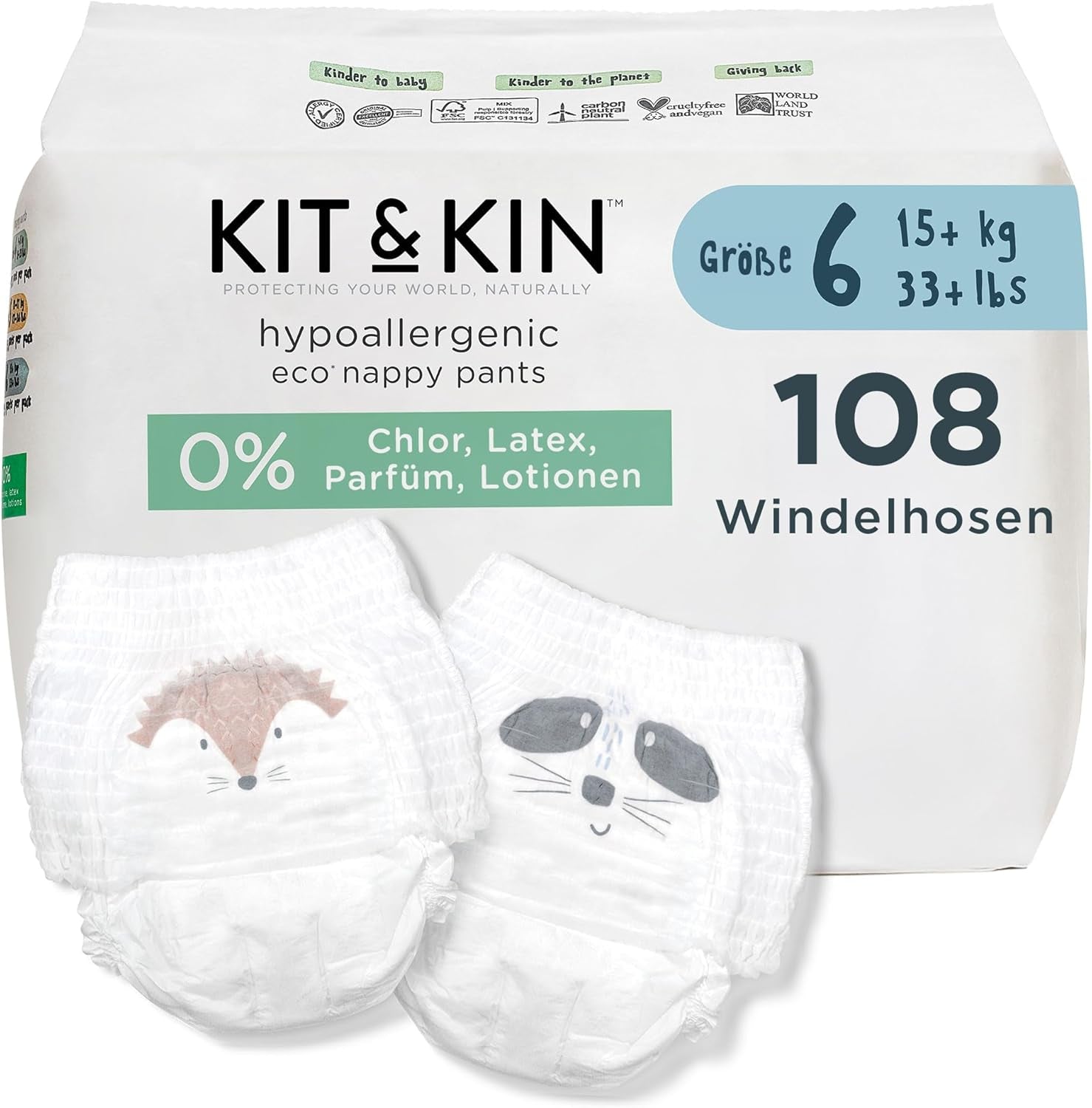 Kit & Kin Premium Eco-luiers, maat 4 (9-16 kg), 132 luiers, plantaardig en hypoallergeen, betrouwbare lekbescherming, veganistisch en dierproefvrij