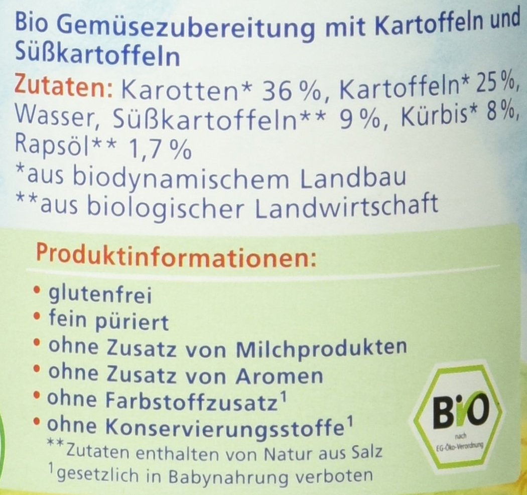 Biologische groenten met zoete aardappelen, na 4 maanden, 190g