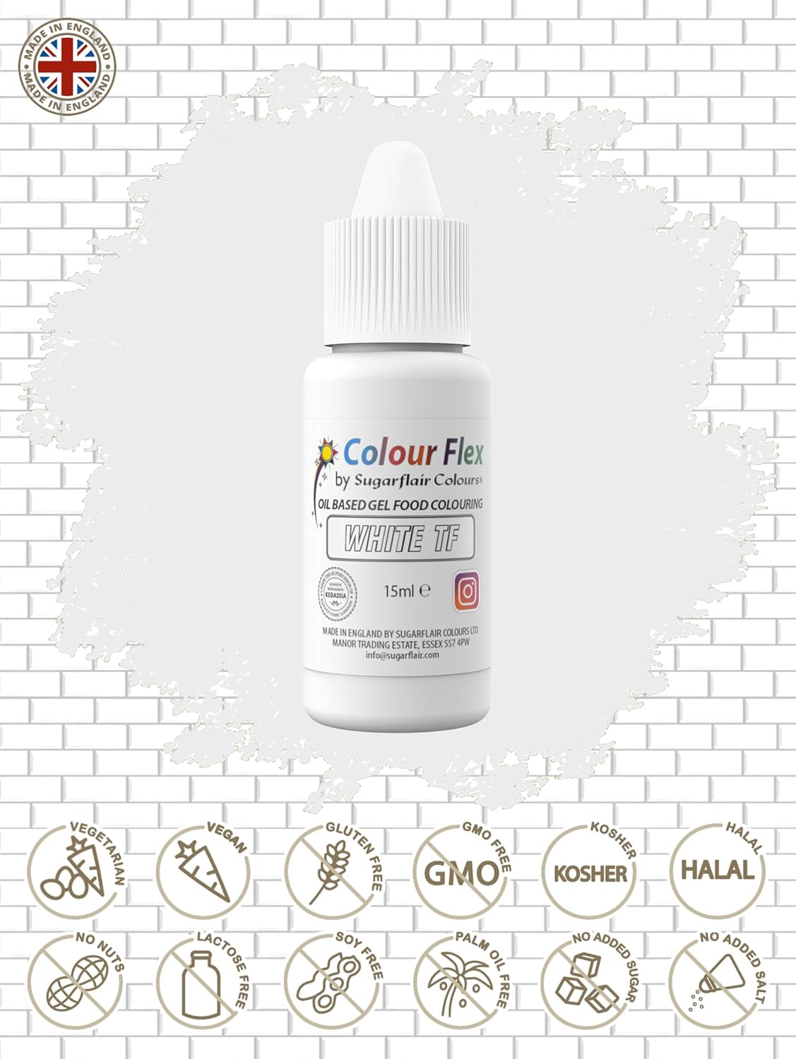 Sugarflair Colourflex Witte voedingskleurstof op oliebasis, sterk geconcentreerde vloeibare voedingskleurstof, voedingskleurstof voor botercrème, chocolade, deeg, fondant, glazuur en meer - 15 ml