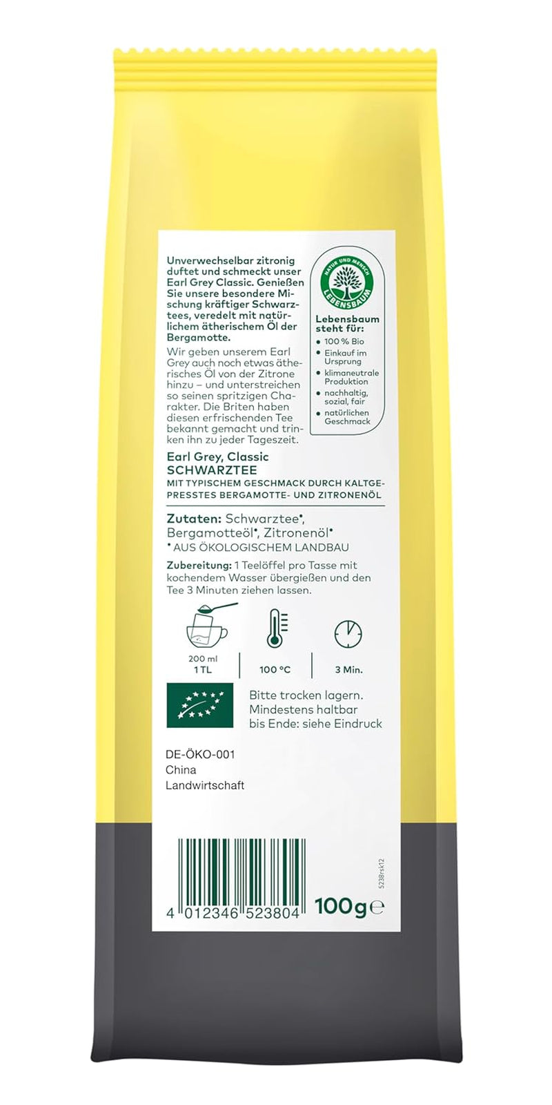 Lebensbaum Earl Grey Klassieke zwarte thee met natuurlijke bergamot- en citroenolie, harmonieus, aromatisch, 100% biologisch, los, 100 g