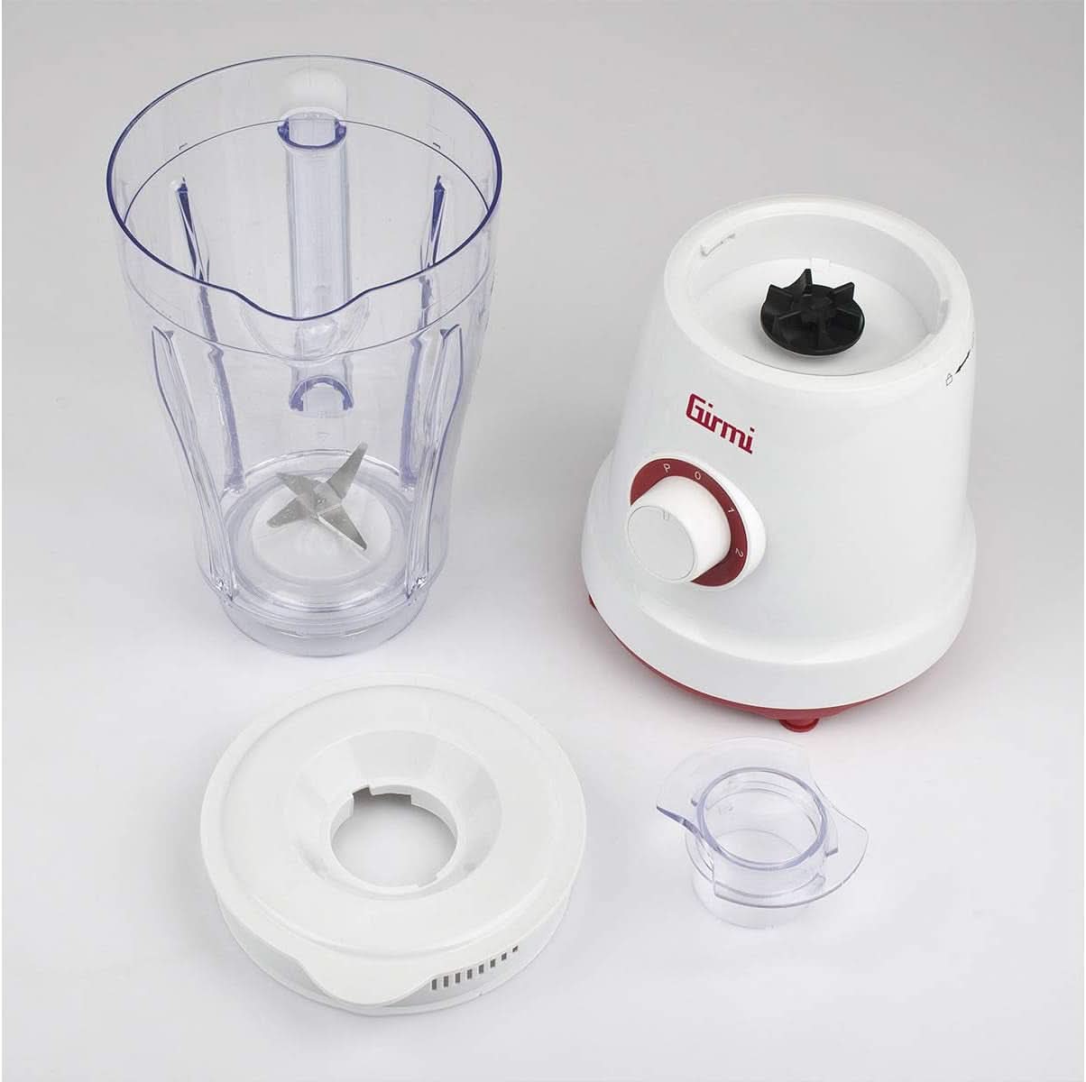 Girmi FR46 Elektrische Mixer, 1,5 Liter, 2 Geschwindigkeiten Met Pulse-Funktion, 4 Edelstahlklingen, Messbecherdeckel, Messbecher Mit Scale, Sicherheitseinrichtung, Weiß/Rot Kitchen Naty Shop