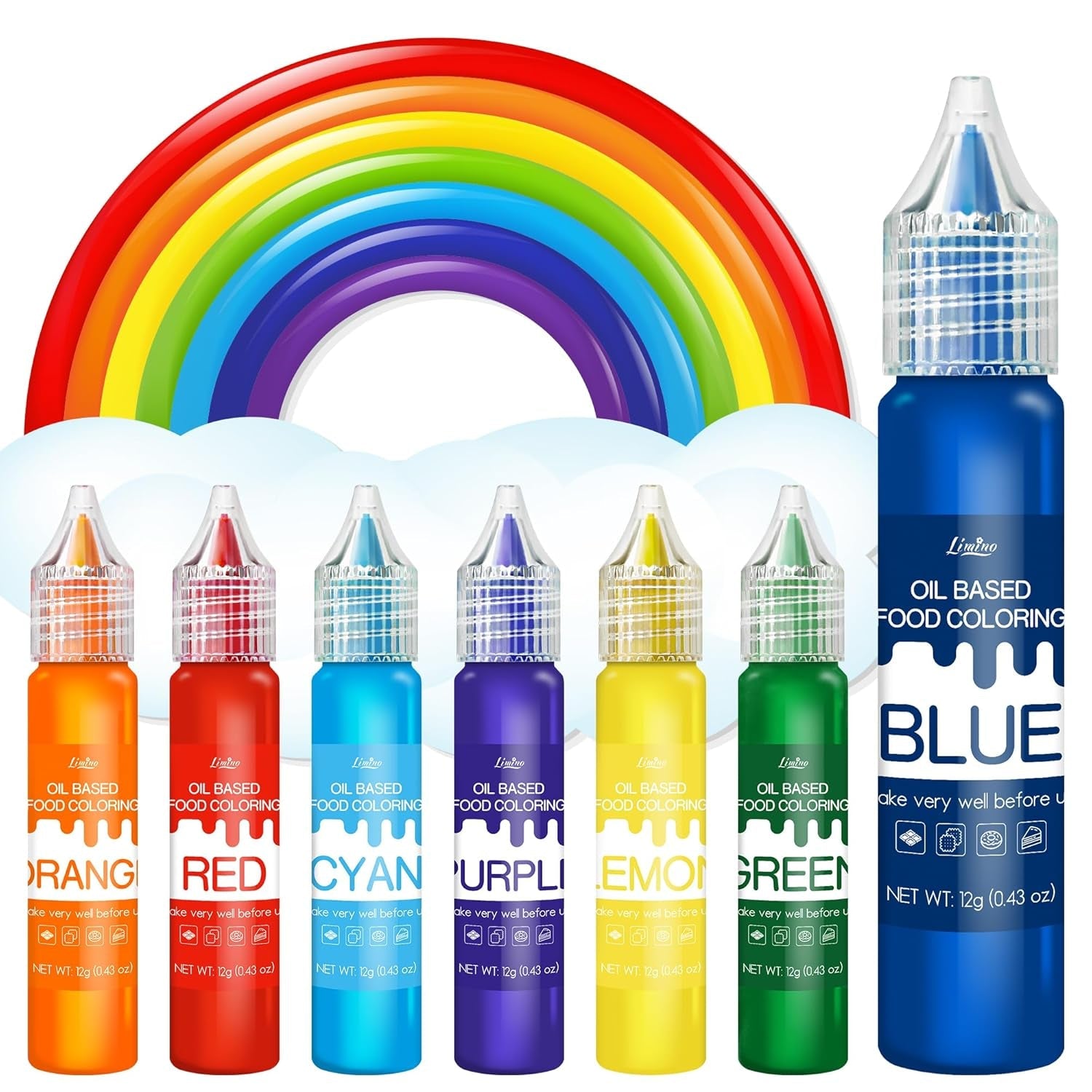 Vetoplosbare kleurstof - op olie gebaseerde kleurstof in regenboogkleuren voor chocolade, snoep, cake, bakken - geconcentreerde kleurstof voor het versieren van taarten, botercrème, fondant - elk 12 g
