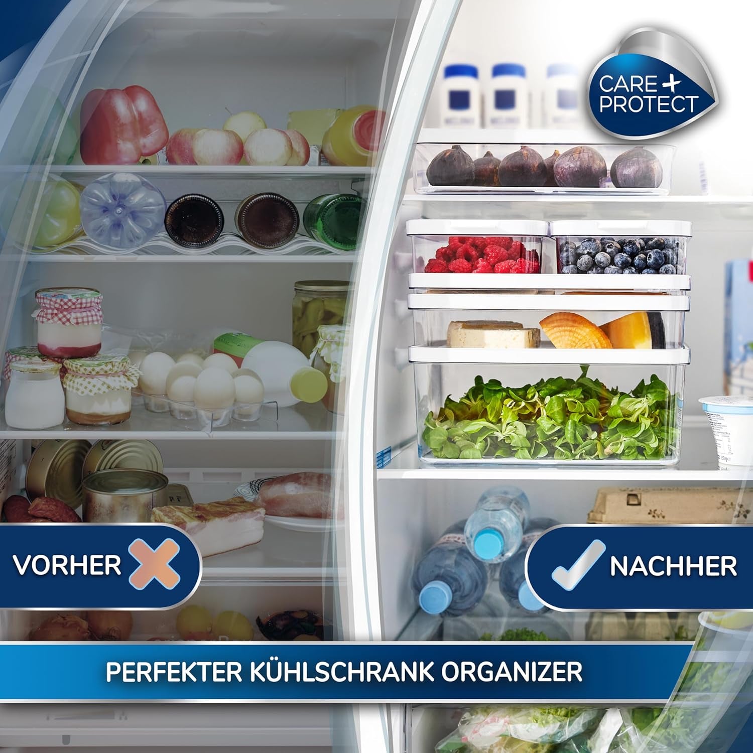 CARE + PROTECT Slimme voedselcontainer, perfect stapelbaar, koelkastorganizer, beschermt voedsel tegen vocht, houdt voedsel langer vers, 2,15 l Voedselbewaardozen Naty Shop