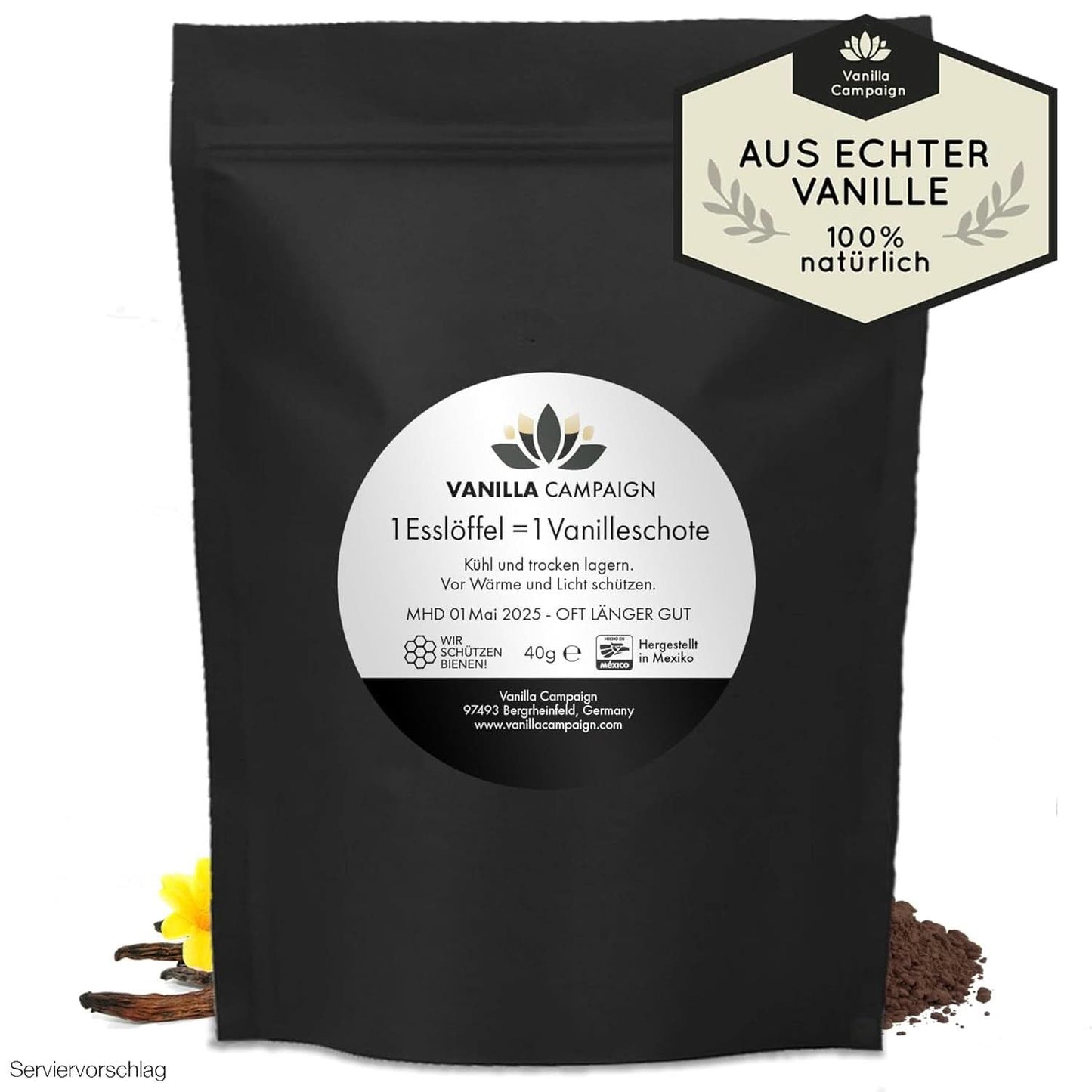 Premium vanillepoeder van echte vanillebonen, natuurlijk, suikervrij, geen toevoegingen, Fairtrade, veganistisch (40 g zonder doos) van Vanilla Campaign® Flavours Naty Shop 40 g (enkele dosis)