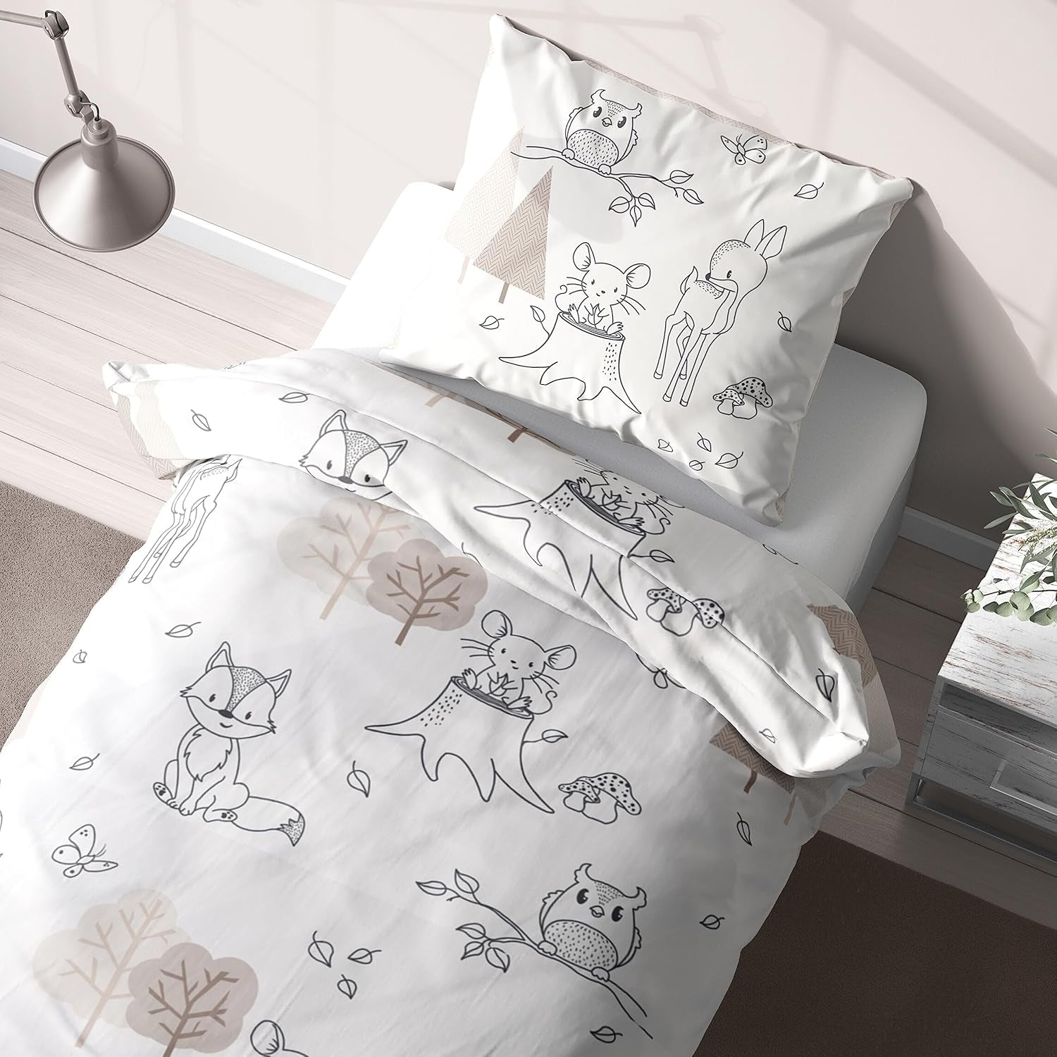 Kinderbedlinnen, vos, uil en bosdieren, 100% katoen Beddengoed - kinderen Naty Shop