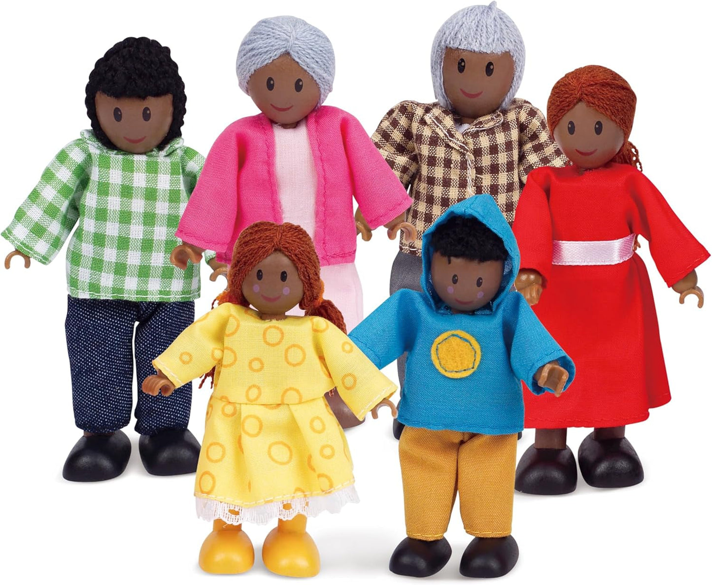 Hape Doll Family - 6-delige donkerleren poppenhuisaccessoireset met houten en stoffen figuren, fantasiespel, educatief speelgoed, interactief leerspeelgoed voor kinderen vanaf 3 jaar