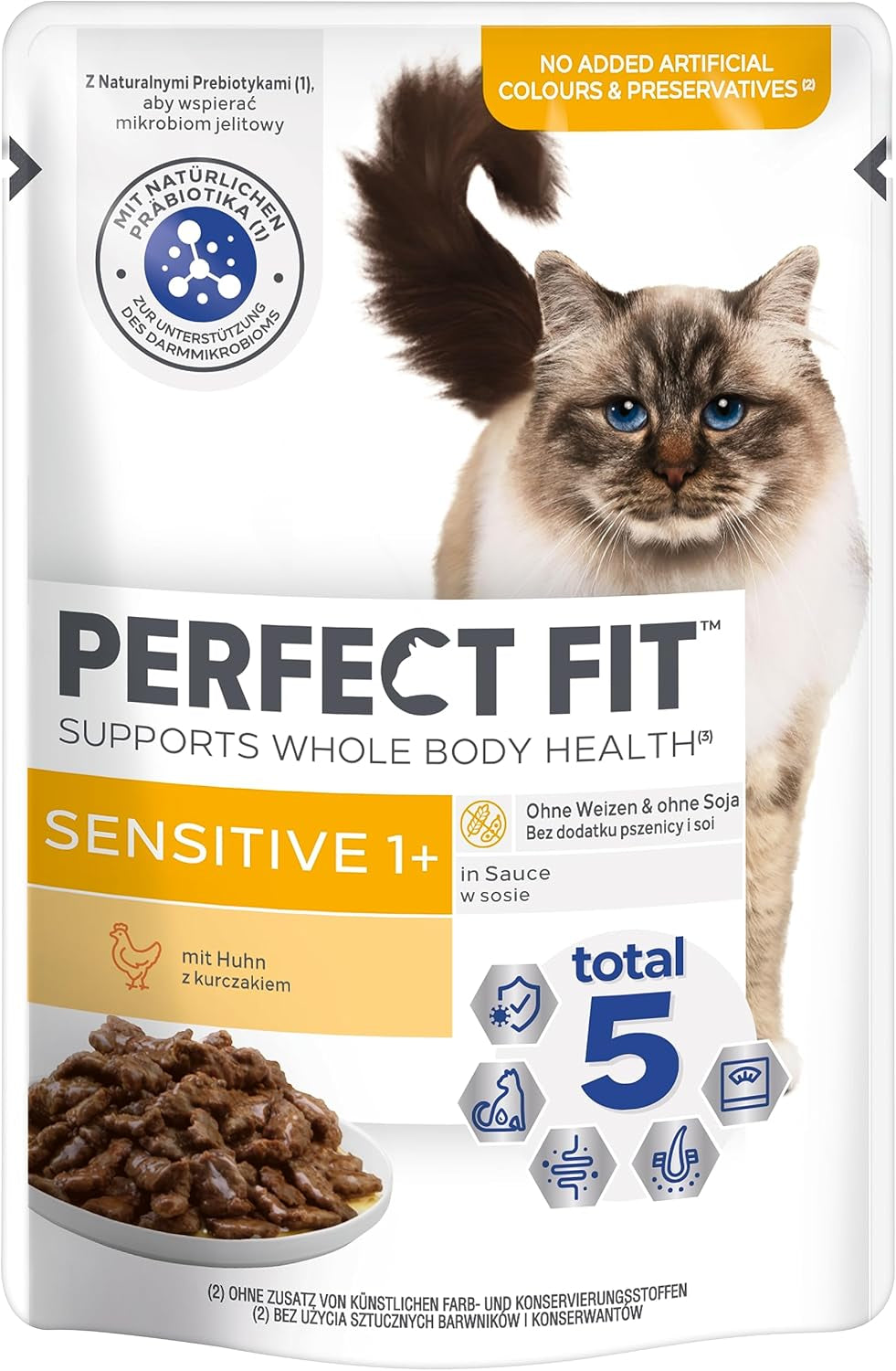 Natvoer voor katten Perfect Fit Sensitive 1+ met kip in saus, 12 zakjes, 12 x 85g - Premium natvoer voor gevoelige katten vanaf 1 jaar, zonder tarwe en soja, ter ondersteuning van de spijsvertering