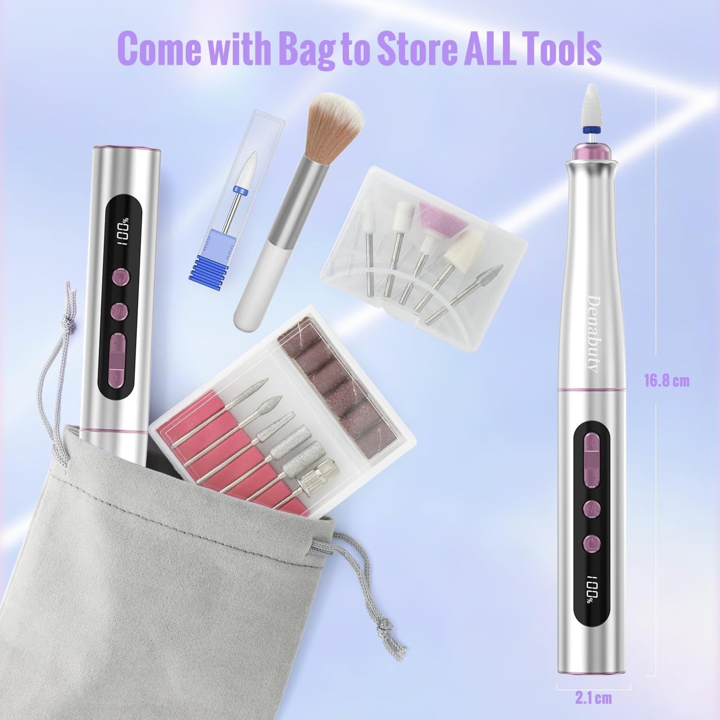 Denabuty Nagelfräser Kabellos, 13 in 1 Fräser Für Gelnägel 35000 U/Min, Elektrische Nagelfeile Professionell Nagelboor, Maniküre en Pedicüre Set Elektrisch voor Semi Permanent, Acrylnägel DN-2402