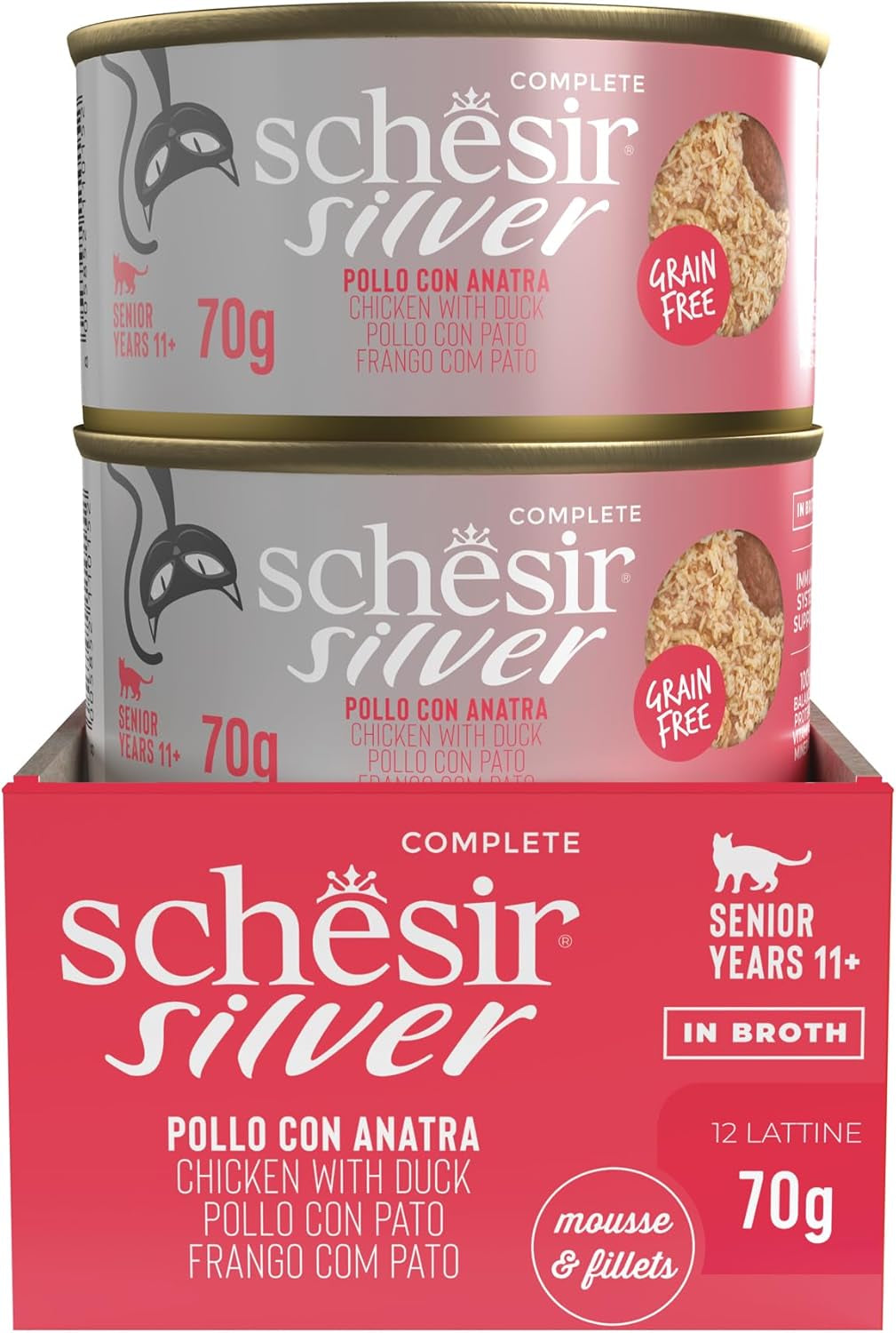 Zilveren Kip met Eendenmousse en Filets, Compleet Natvoer voor Senior Katten, Graanvrij, Immuunondersteuning, Vochtbron, 12 x 70 g