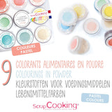 Scrapcooking - Set van 9 pastelkleurstoffen - Blauw, Geel, Koraal, Roze, Turkoois, Limoengroen, Wit, Aquagroen, Poederroze - Eetbare kleurpoeder voor cakes, muffins, macarons - 4272