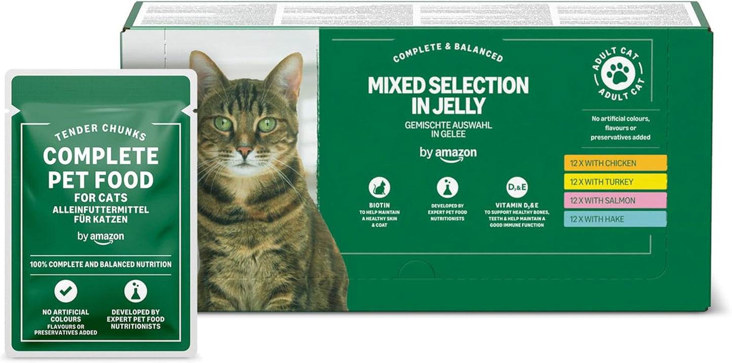 Amazon Graanvrij nat kattenvoer voor volwassen katten Gemengde selectie in gelei 4,8 kg (48 verpakkingen van elk 100 g)