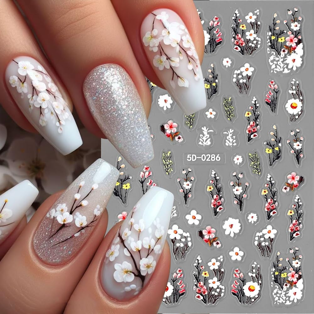 Pruimenbloem Nagelstickers, Wit Roze Bloem Nagelstickers, Bloemnagelstickers met Reliëf, Lente Zomer Bloemnagelstickers, Nagelontwerpen, Nagelaccessoires, Nagelkunst