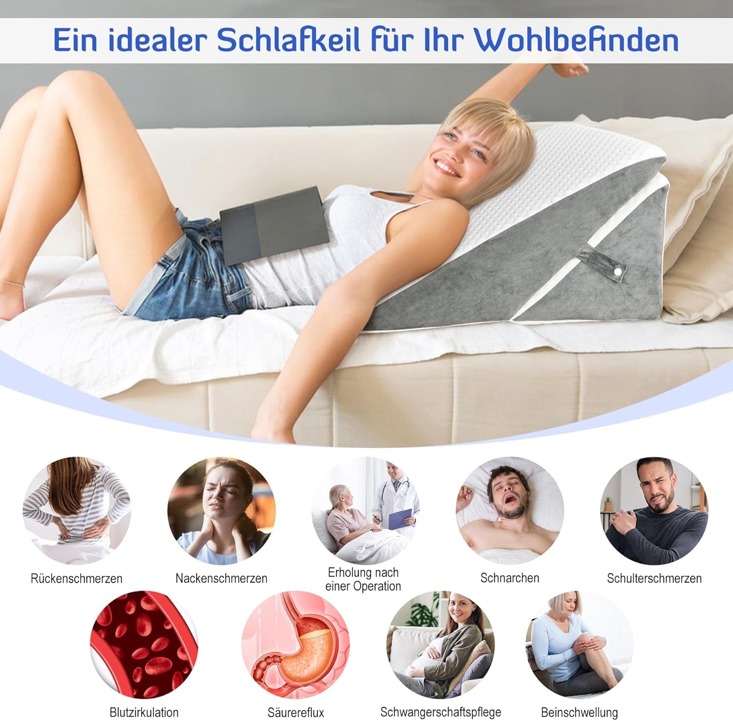 KINDEREN Verstelbaar wigkussen, leeskussen van schuim met hoge dichtheid voor bed en bank, ergonomisch bedwighoofdkussen voor slaaprefluxapneu, beenkussen/rugkussen voor spelen en lezen (wit en grijs)