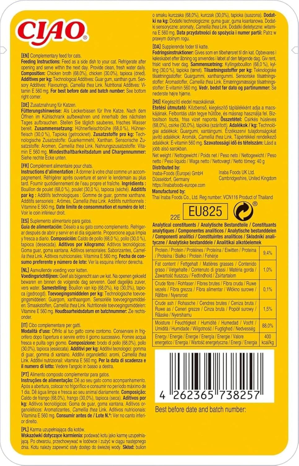 INABA Ciao Broth Natvoer voor katten 88% vocht en vitamine E, premium soep voor katten met kip 40 g (pak van 12), 100% natuurlijk vlees, graanvrij, suikervrij