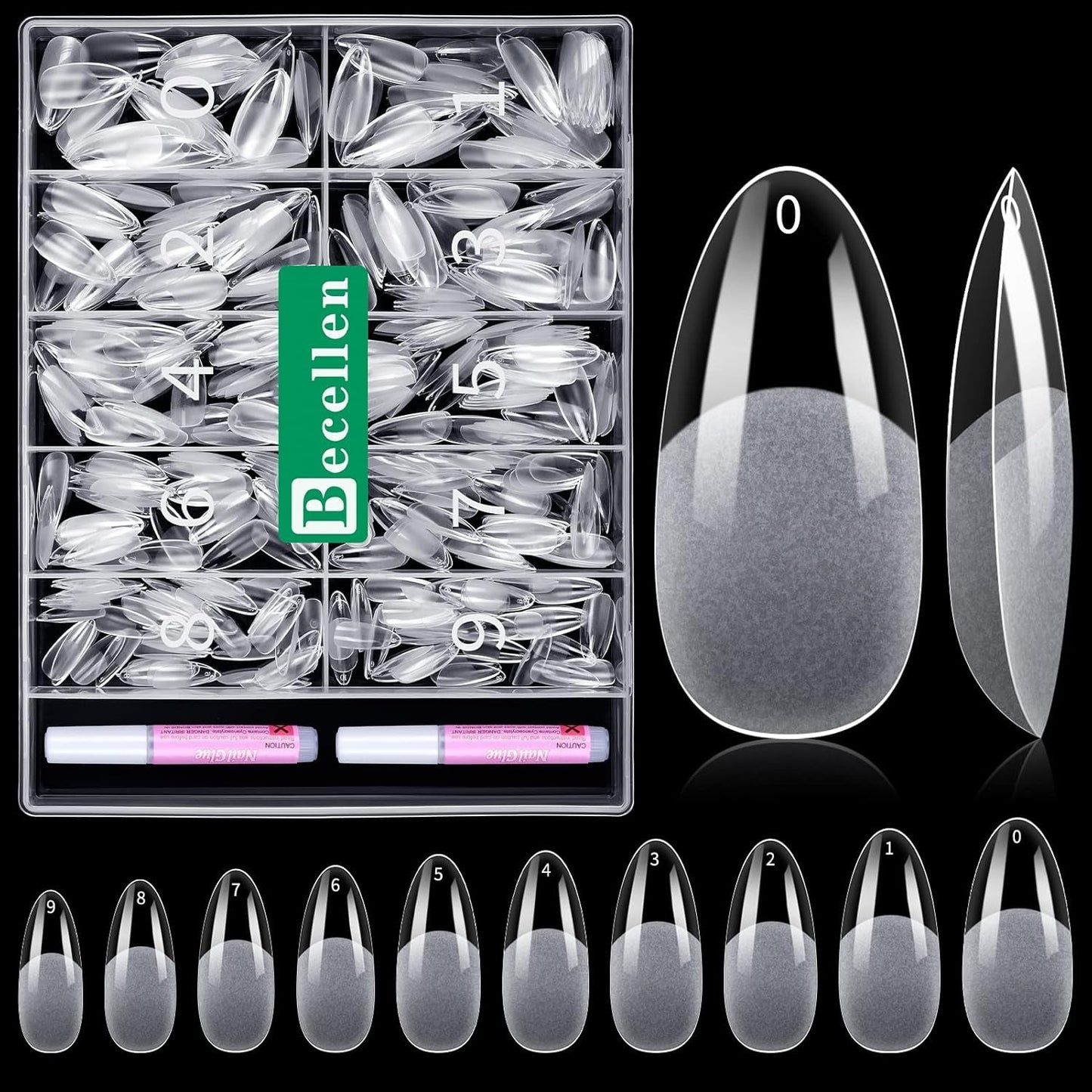 Becellen 500 stuks kunstnageltips, zachte gelnageltips, volledige dekking, gelnageltips, voorgepolijste kunstnagels, doe-het-zelf nagelkunstlijmset (amandelen)