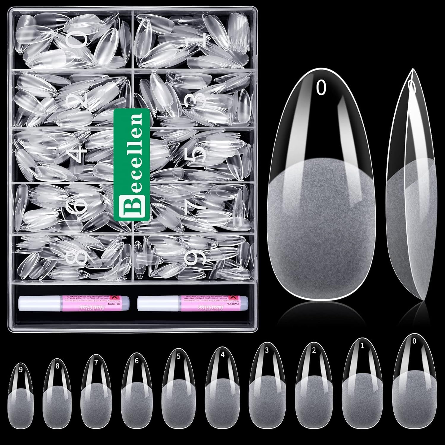 Becellen 500 stuks kunstnageltips, zachte gelnageltips, volledige dekking, gelnageltips, voorgepolijste kunstnagels, doe-het-zelf nagelkunstlijmset (amandelen)