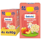 Perzik-, appel- en banaan-knijpbare zakjes - 16 (4 stuks, elk 4 x 90 g), geen toegevoegde suikers, glutenvrij, ideaal voor afhaalsnacks en zelfconsumptie