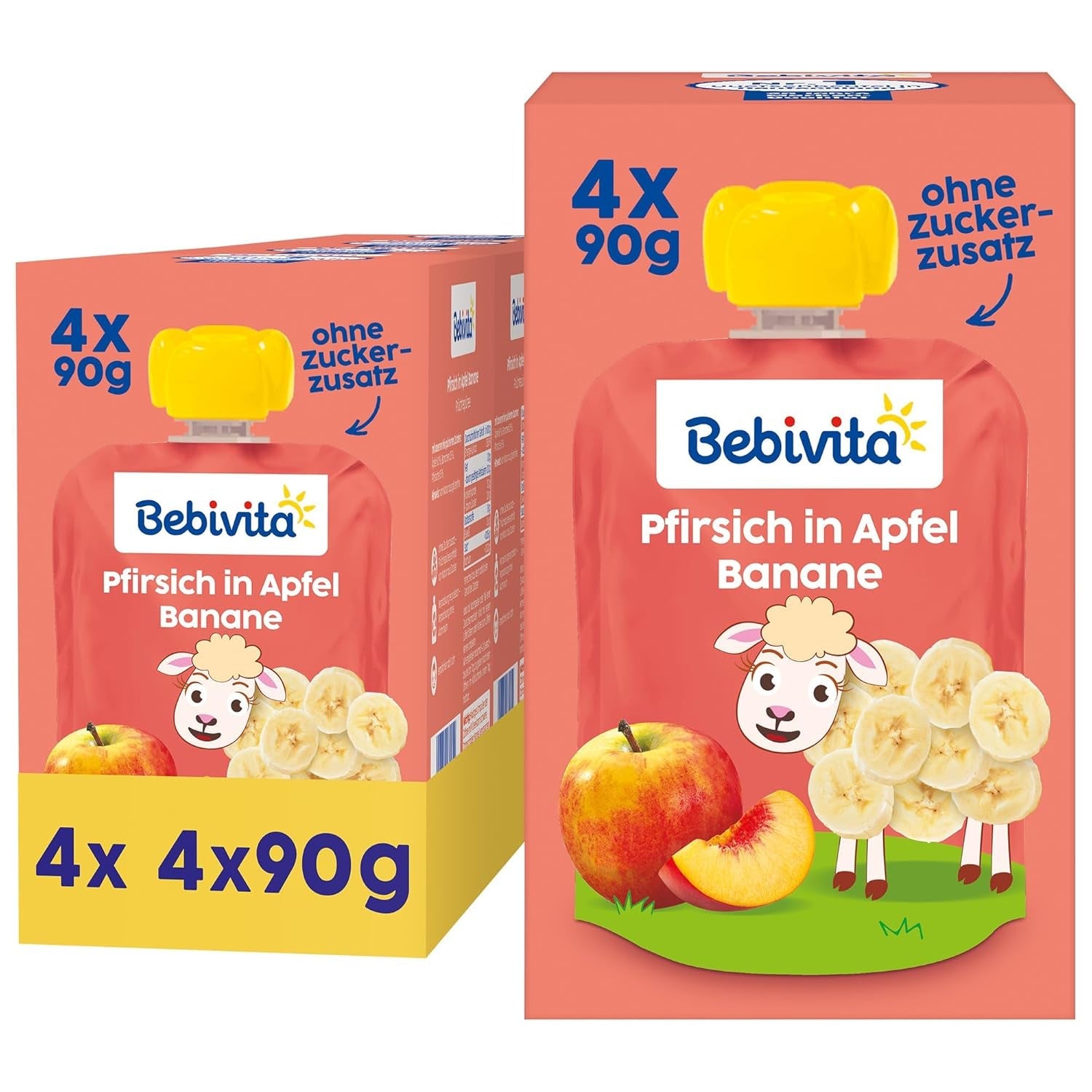 Perzik-, appel- en banaan-knijpbare zakjes - 16 (4 stuks, elk 4 x 90 g), geen toegevoegde suikers, glutenvrij, ideaal voor afhaalsnacks en zelfconsumptie