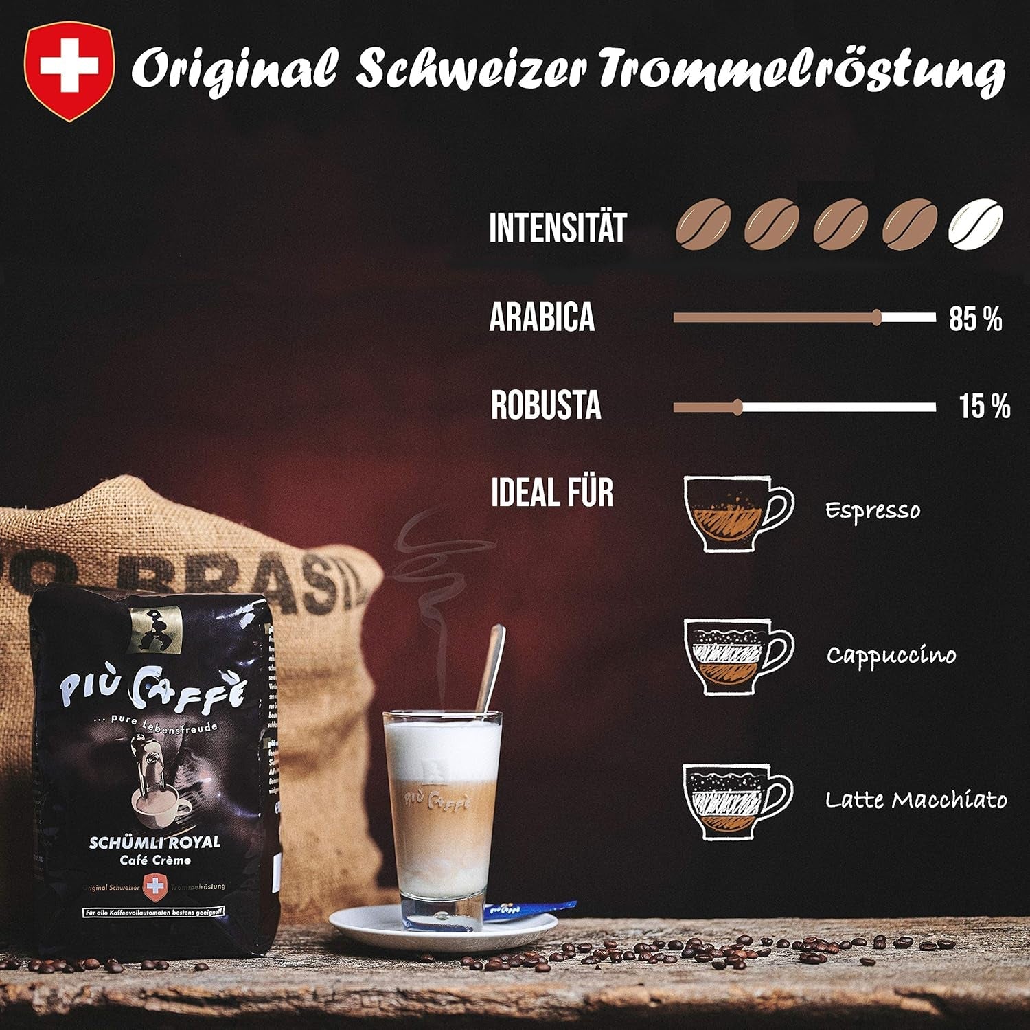 Café Crème Kaffeebohnen, würzig, kräftig, intensiv en gehaltvoll, Arabica en Robusta, Schweizer Trommelröstung, ganze Bohnen für Volllautomaten Schümli Royal 1 kg