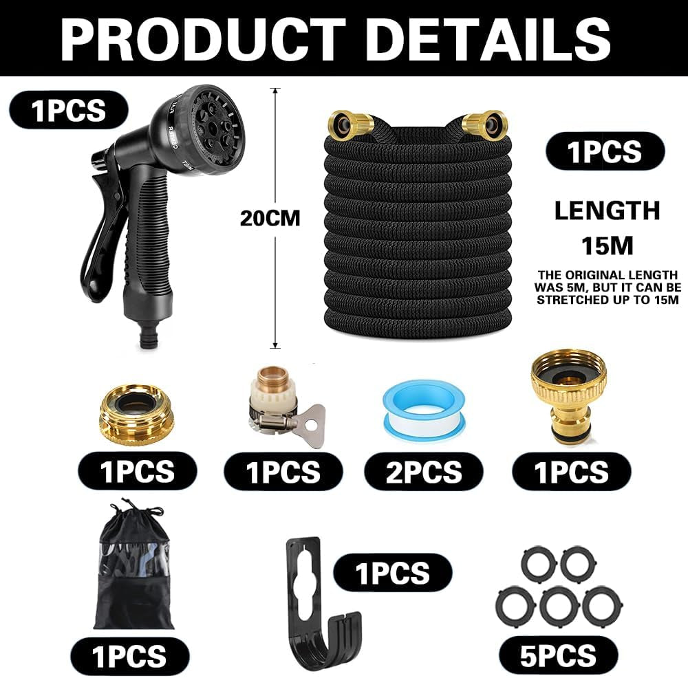 15 m flexibele uitschuifbare tuinslang, flexibele waterslang met 8 sproeifuncties, 1/2 inch tot 3/4 inch flexibele tuinslang, voor tuinbesproeiing, autowassen, wassen en besproeien