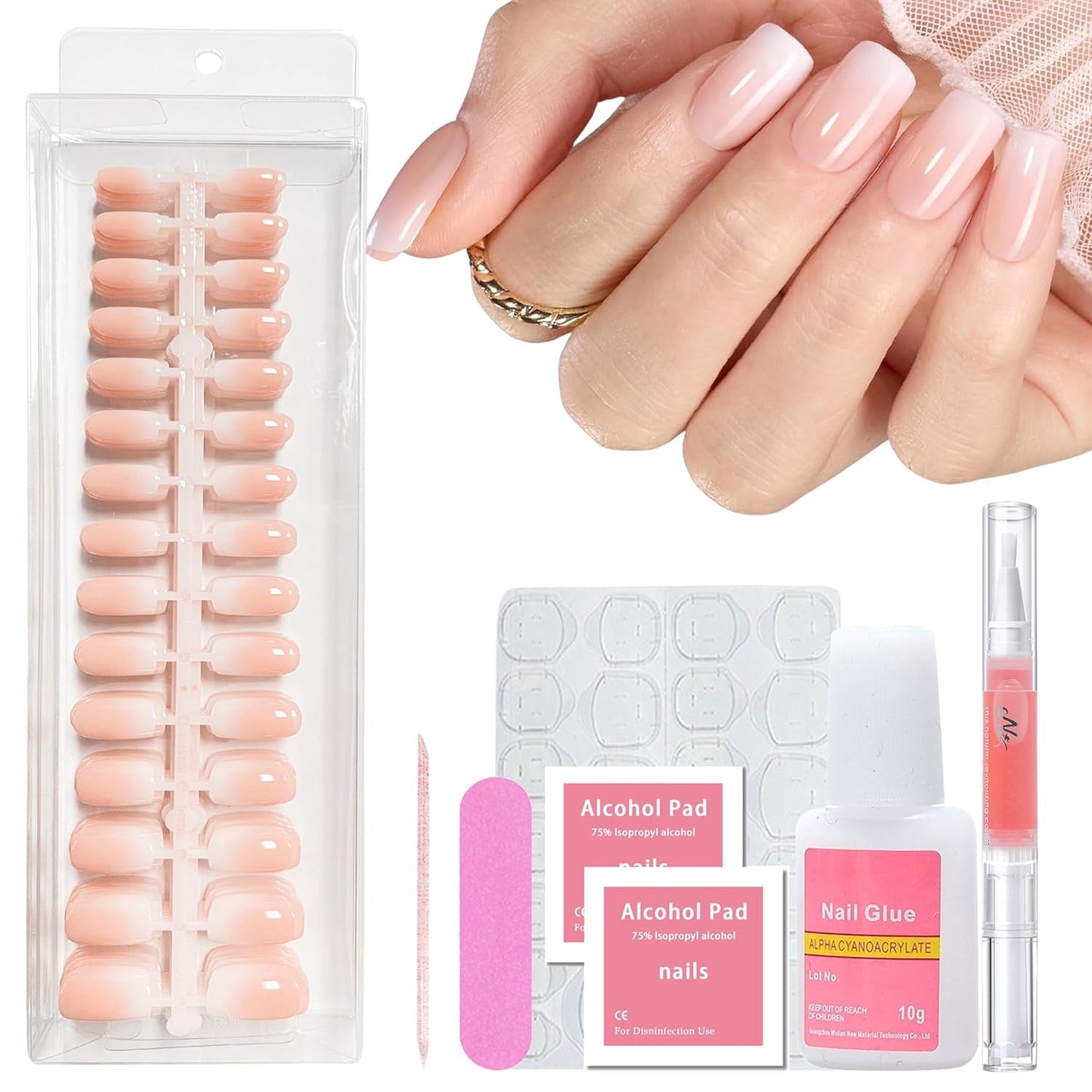 240 stuks gradiënt vierkante nagels set, naakt witte gradiënt kunstnagels voor oliepenlijm, medium ombre natuurlijke nepnagels voor vrouwen DIY (naakt vierkant)