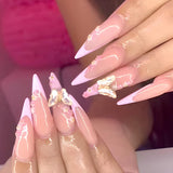 Mouyuglow Lange nagels Stiletto Melkwit Gradiënt Roze Glitter Cool Nepnagels met lijm Roze Ombre Glitter Kunstnagels