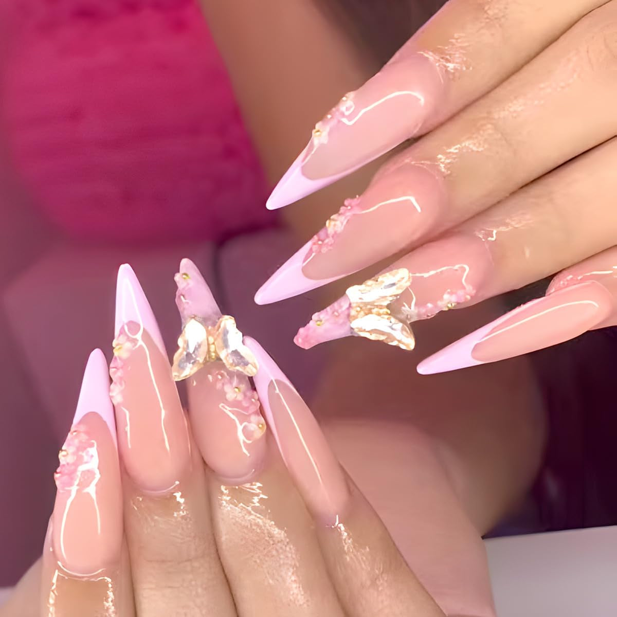 Mouyuglow Lange nagels Stiletto Melkwit Gradiënt Roze Glitter Cool Nepnagels met lijm Roze Ombre Glitter Kunstnagels