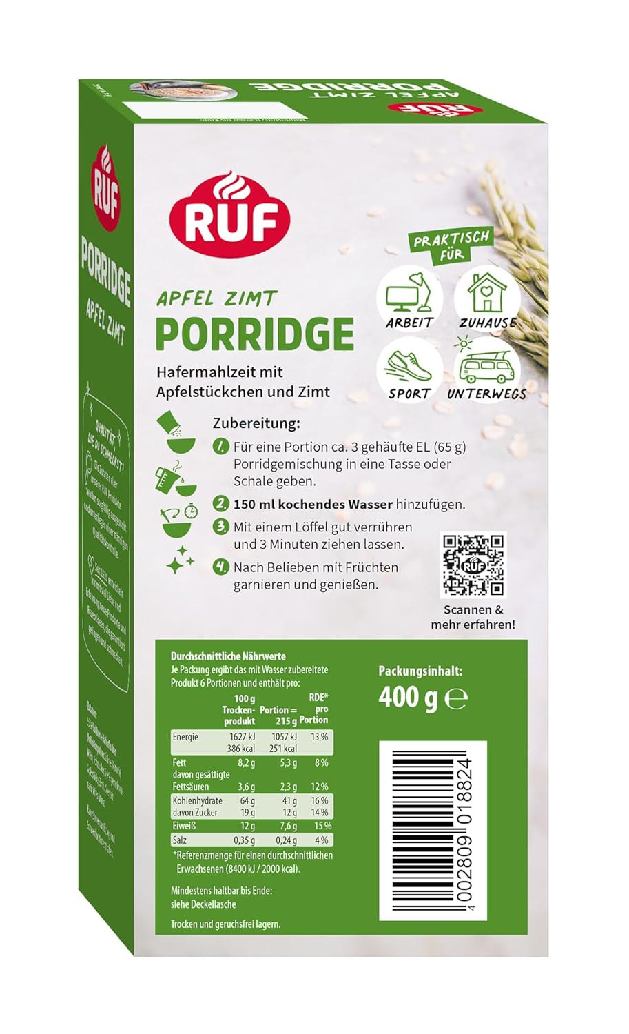 RUF Kaneelappelhavermout met hele havervlokken, delicate kaneelsmaak en gedroogde appelstukjes, snacks, bulkverpakking, 1 x 400 g