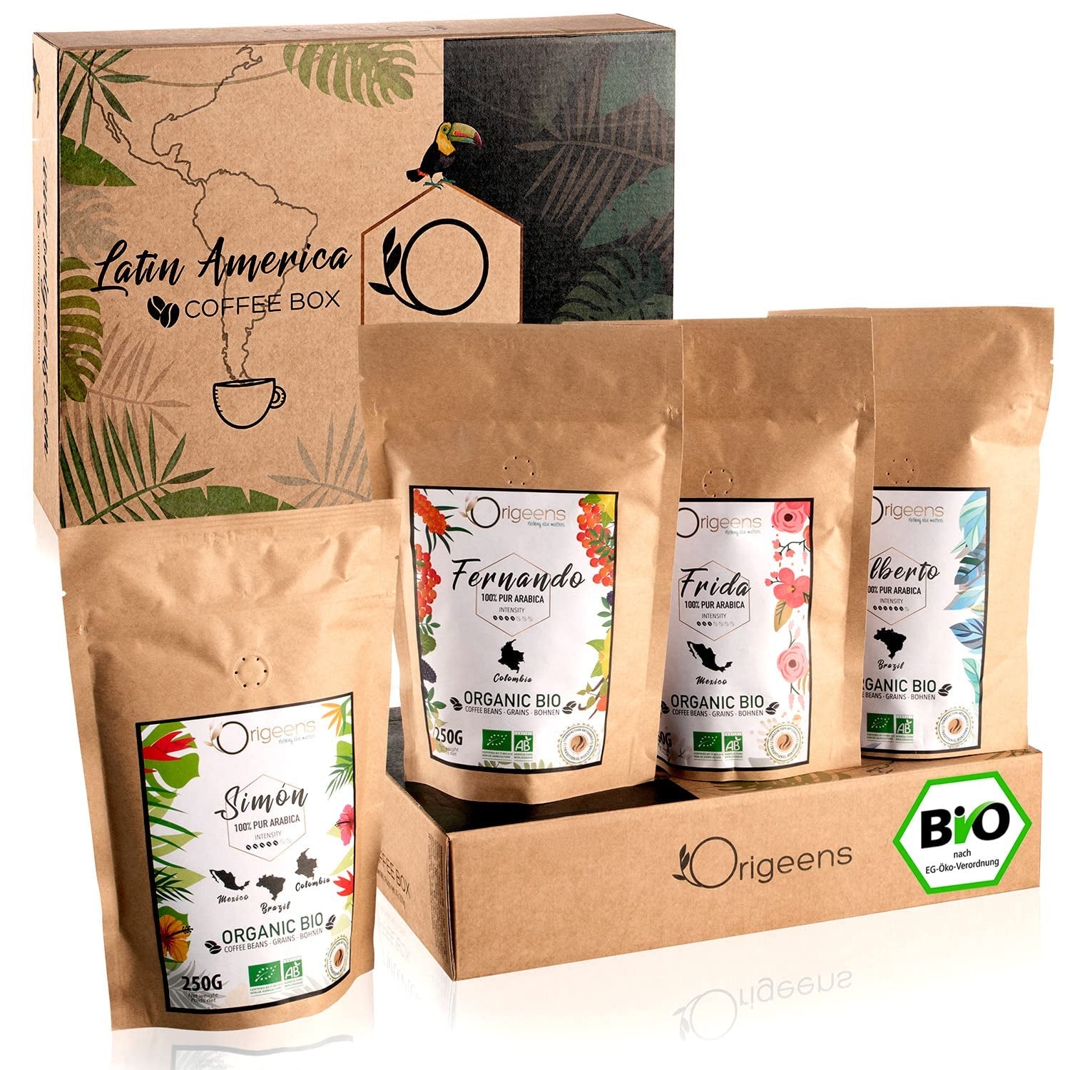 ORIGEENS Bio Kaffeebohnen Probierset 1kg | Premium Bio Arabica Kaffee Ganze Bohnen Set 4x250g | Traditionele Röstung | Kaffee Geschenkset