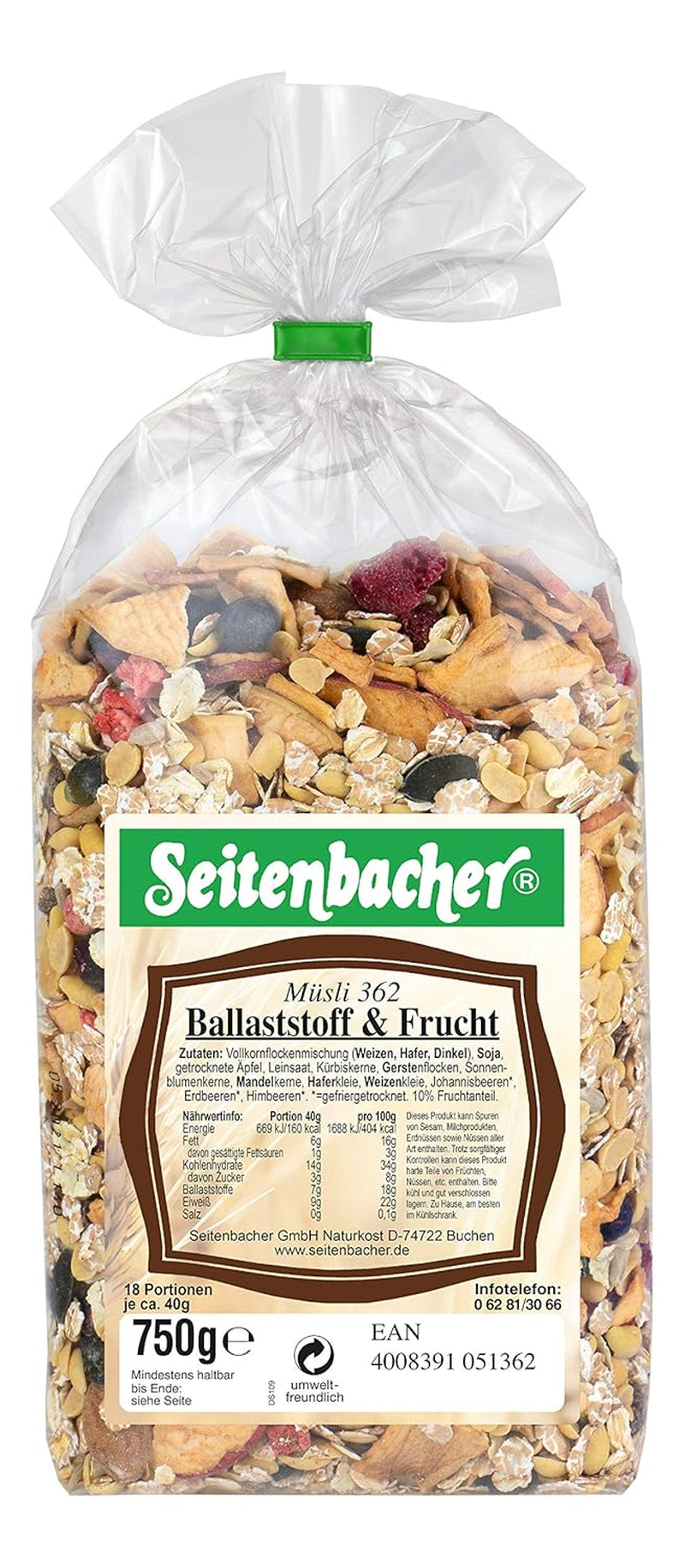Seitenbacher Müsli Ballaststoff Und Frucht I Ohne Zugesetzten Zucker I Ohne Zugesetztes Fett I (1 X 750 G) Granen Naty Shop 1