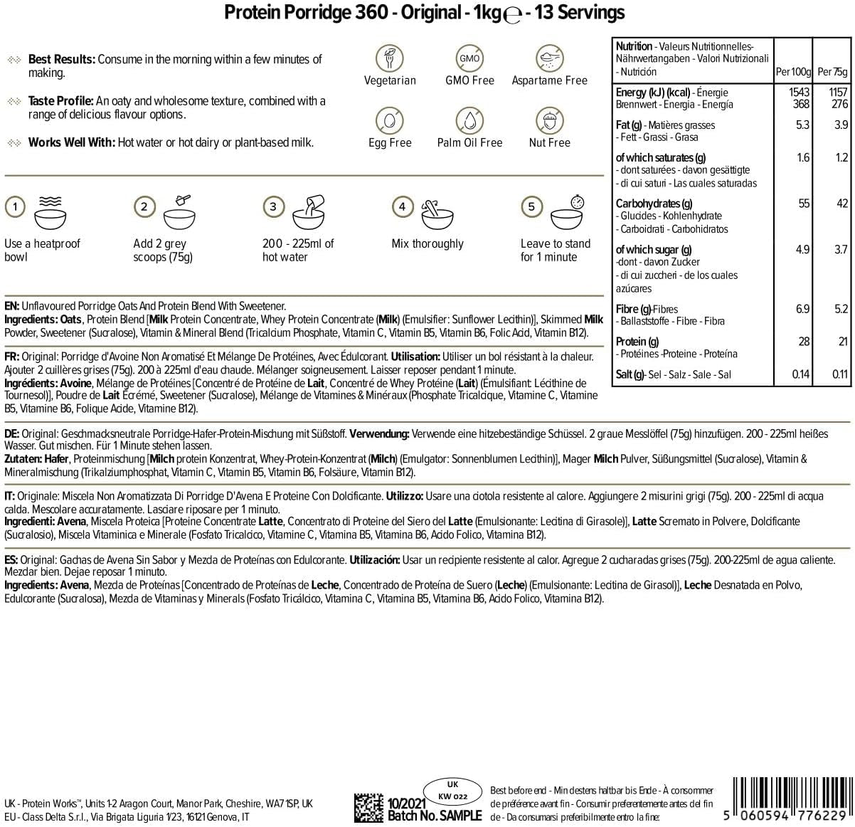 Protein Works - Eiwitpap 360 | Mythe Extra vitaminen en mineralen | Proteinreiches Frühstück | Kalorienarme Haferflocken | 13 Porties | Natuurlijk | 1 kg ontbijtgranen Naty Shop
