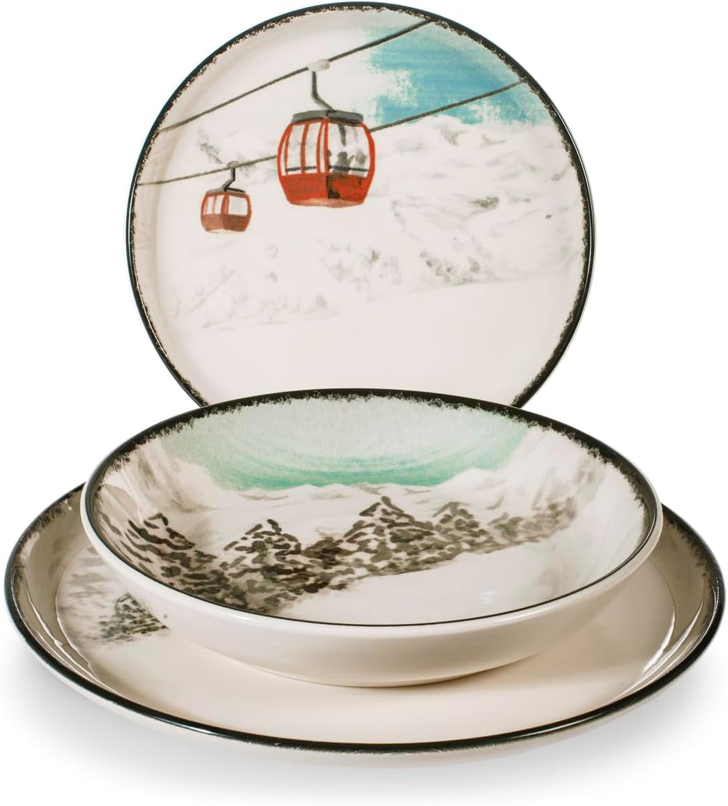Winter Escape 12-delige kerststeengoed serviesset - Nordic Winter Skier Design - Vaatwasmachine- en magnetronbestendig