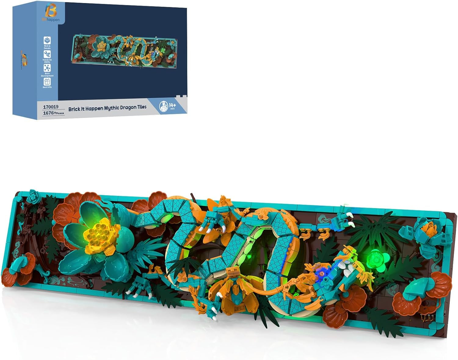 Mythische Dragon Tile-bouwset voor volwassenen, 3D Divine Loong Art-bouwspeelgoed met LED-verlichting en bloemen, DIY Dragon Relief-modelset, creatieve geschenken en decoraties (1676 stuks)