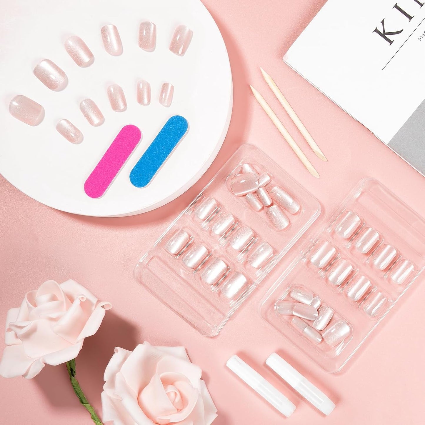 Kiiwah 48 stuks korte vierkante nagels roze kunstnagels lijm op korte nageltips valse nageltips