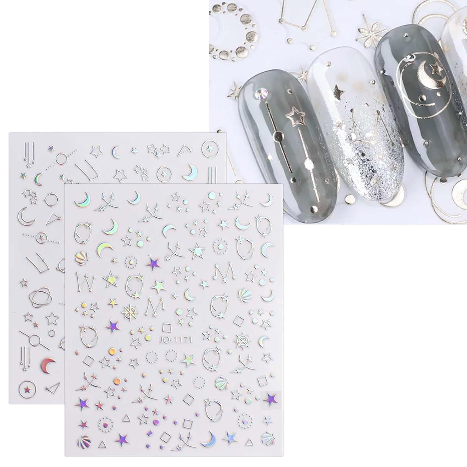 JMEOWIO Nagelsticker Aurora 12 Blatt Nail Art Sticker Selbstklebend Nagelaufkleber Holografisches Stern Herz Decoratie Nageldesign Zubehör