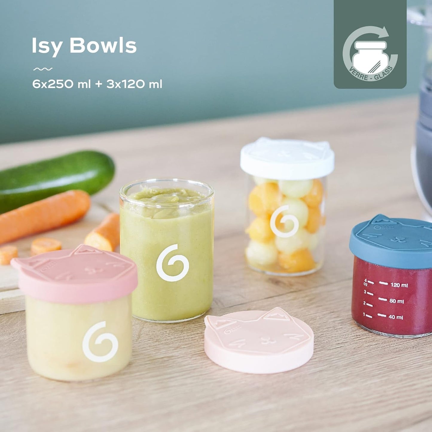Babymoov ISY BOWLS babyvoedingcontainers van robuust, temperatuurbestendig glas - voor het bewaren/invriezen van babyvoeding, 6x 250ml + 3x 120ml Voedselbewaardozen Naty Shop